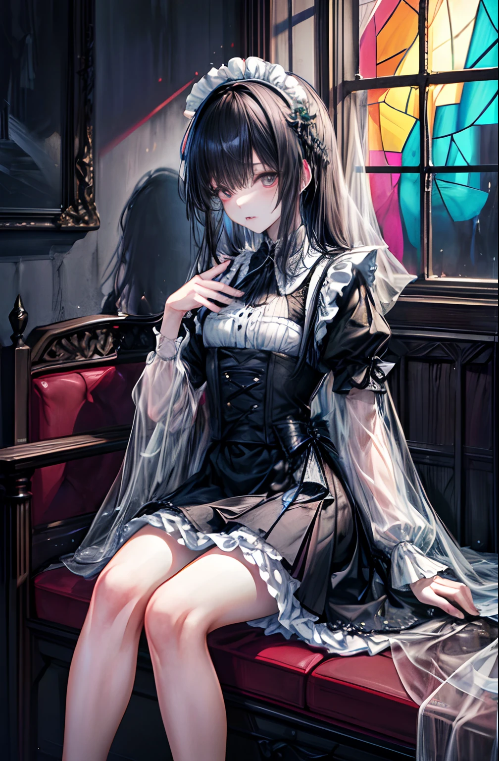 highly detailed wallpaper, Super detailed details, detailed shadow, very precise details, Very detailed 8k wallpaper, very fine 8KCG wallpaper,Old abandoned church. Sitting girl. Her long black dress is torn々It's dirty. Her black dull hair is long and hairy. Light is shining through cracked stained glass windows.highly detailed wallpaper, Super detailed details, detailed shadow, very precise details, Very detailed 8k wallpaper, very fine 8KCG wallpaper, wearing maid outfit