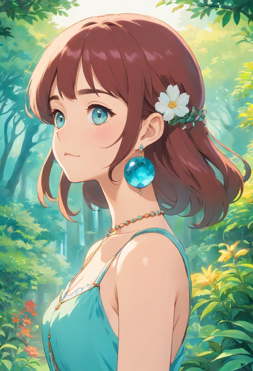 Girl in an anime collar, Long necklaces and earrings, In the style of a tranquil garden landscape, colorful animation stills, Masami Teraoka, aquamarine, paul gauguin, Embry style, Honest portrayal
