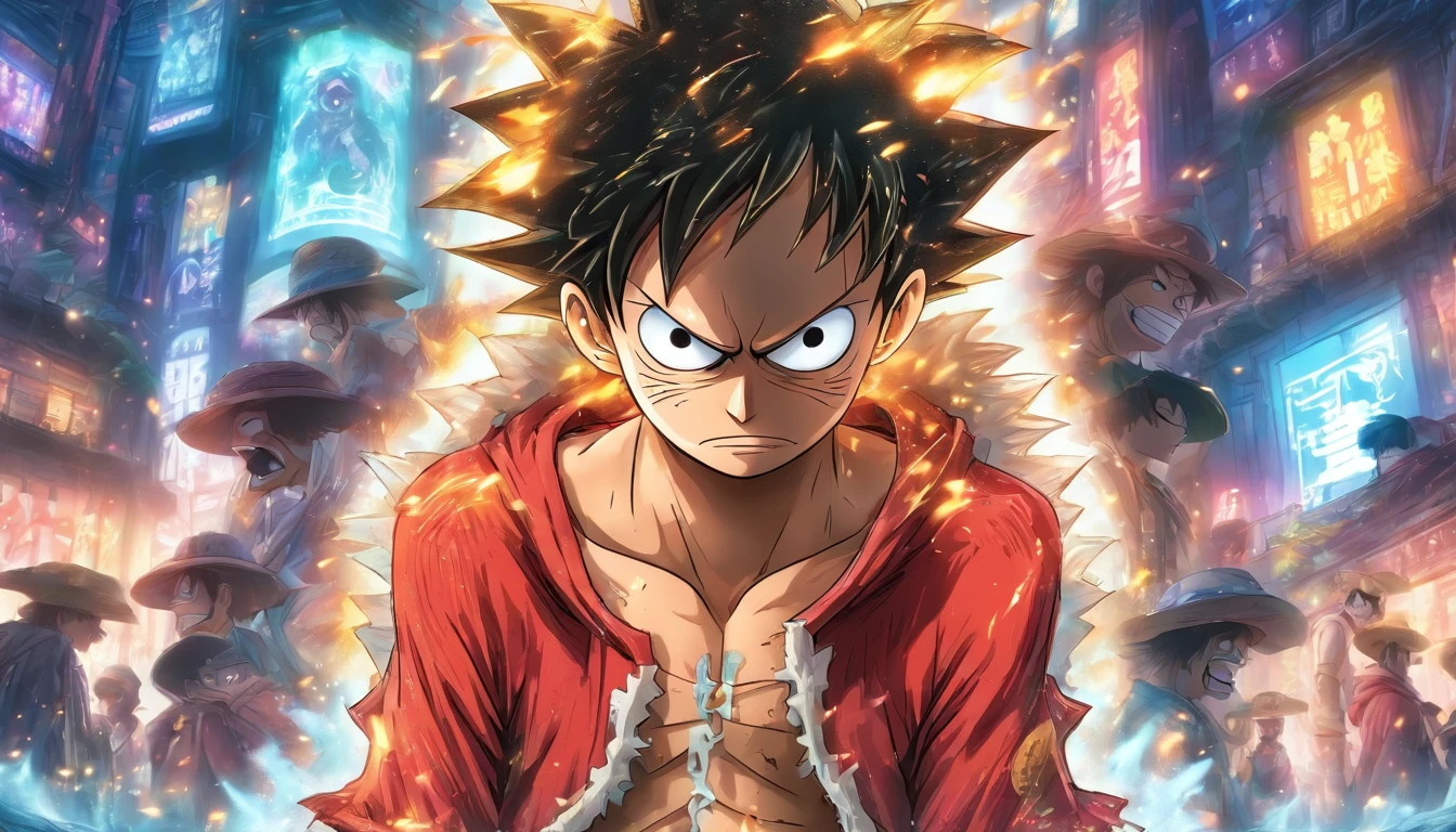 Monkey D Luffy in anime in the middle with his back turned against the viewer he has expressions and poses of confusion and despair he is being surrounded by many invisible screens he is wearing a hoodie it’s a cyberpunk environment the background is white the male, straw-hat in his back