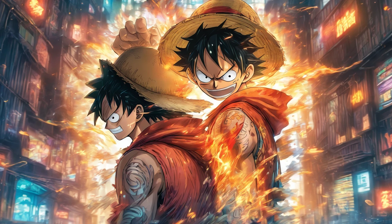 Monkey D Luffy in anime in the middle with his back turned against the viewer he has expressions and poses of confusion and despair he is being surrounded by many invisible screens he is wearing a hoodie it’s a cyberpunk environment the background is white the male, straw-hat in his back