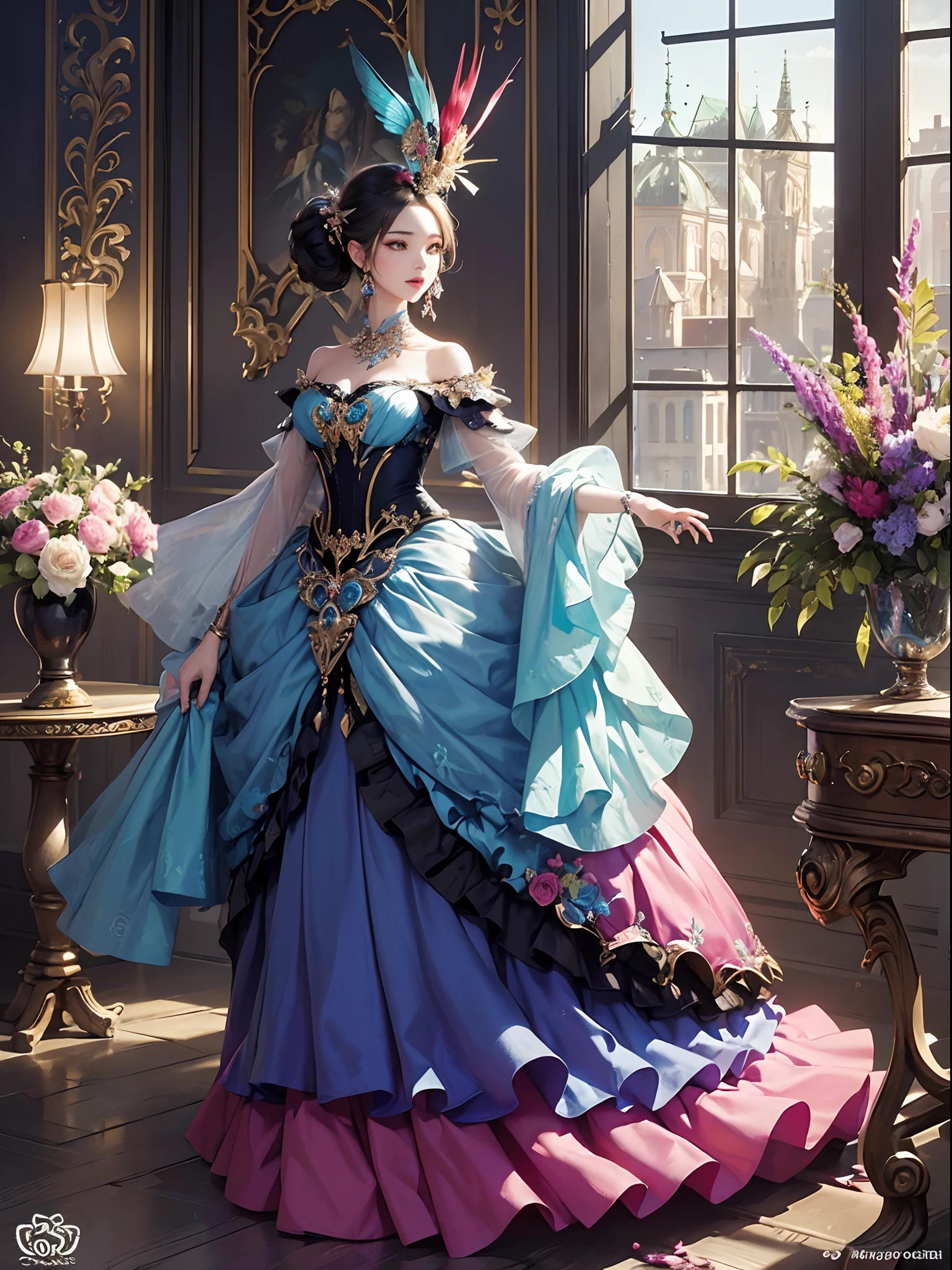Vibrant colors、((​masterpiece)))、(((top-quality)))、((ultra-detailliert))、(A hyper-realistic)、(highly detailed CGillustration）、Official art、Berlin at the beginning of the 20th century、Decadent、Madame Papillon、Masquerade、refinement、Elegance、Gorgeous、Gorgeous、Masks that cover most of the face、Colorful and detailed mask design、matchless beauty、Fans、Gorgeous Cocktail Dresses、jewely、Perfect Angle、perfect-composition。full body Esbian