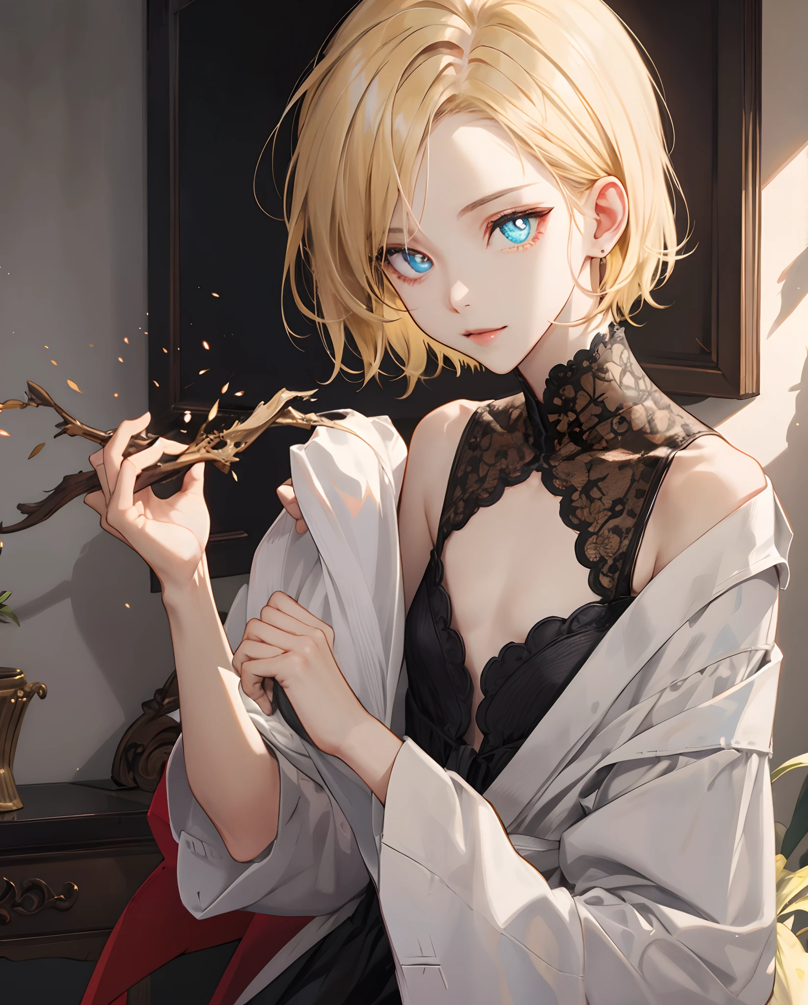 Blonde hair(Deco 1.5), Short hair, (flat chest:1.2), BREAK looking at viewer, crass room, BREAK (masutepiece:1.2), Best Quality, High resolution, Unity 8k壁纸, (Illustration:0.8), (Beautiful detailed eyes:1.6), extra detailed face, Perfect Lighting, extremely details CG, (Perfect hands, Perfect Anatomy),