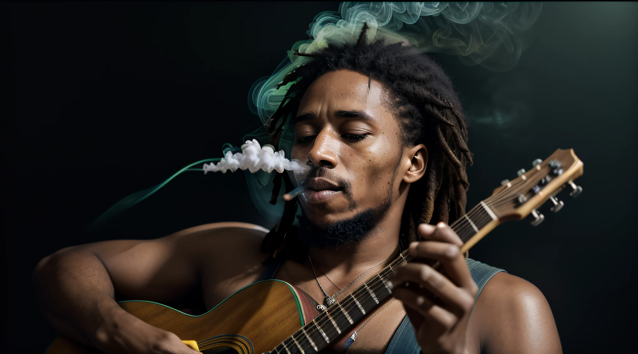 abstract colors, texture, film grain, skin pores:0.1 hasselblad dslr RAW photo, Bob marley smoking Marijuana in Jamaica while playing guitar, s 250, foggy morning, cinematic movie still frame, (analog style)1.3 (film grain)1.3, (lens flare:1.1), (bloom:1.1), (neon color smoke:1.2)