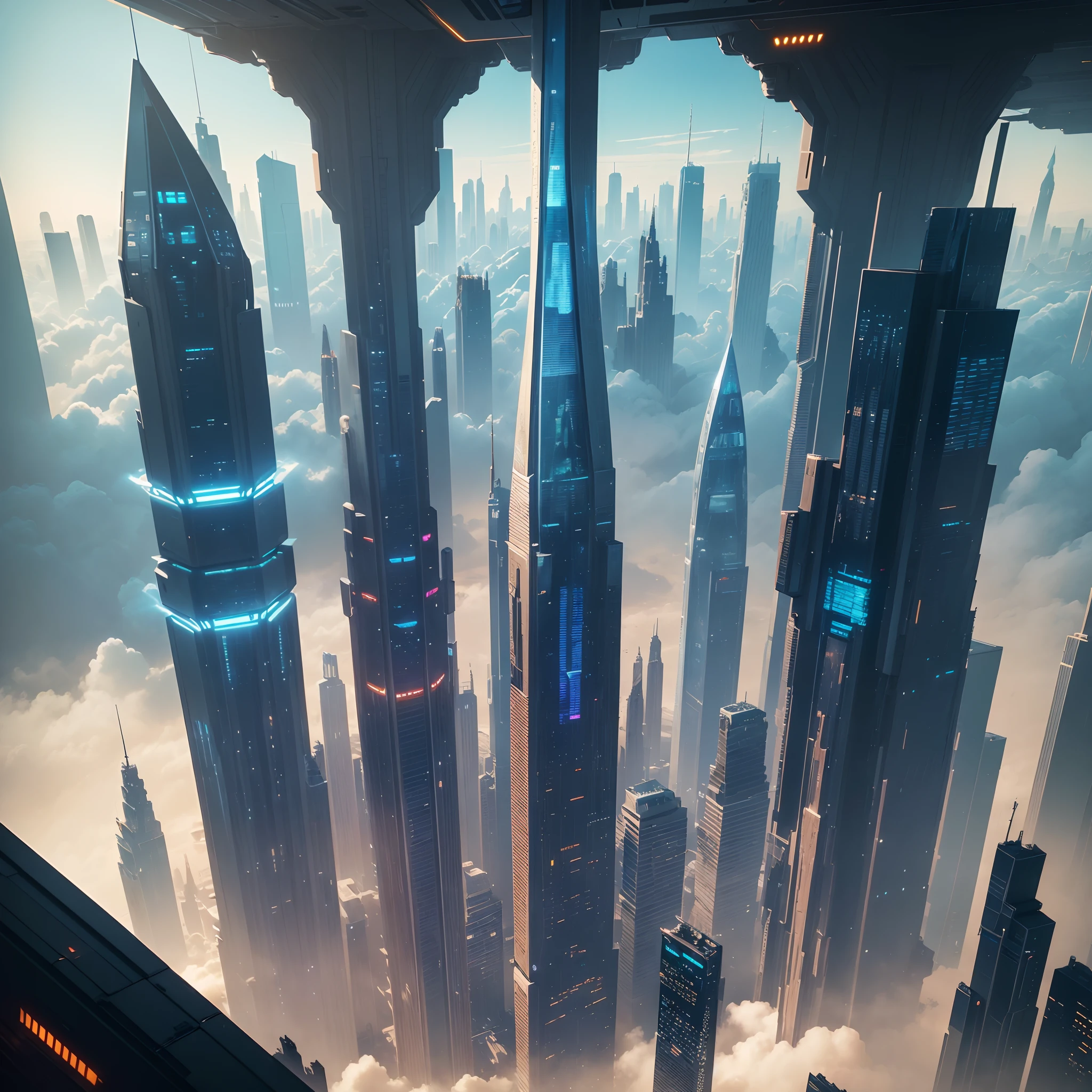 (Best Quality, 8K, Ultra-detailed:1.2), Futuristic cityscape of towering skyscrapers, Cyberpunk, Sci-Fi Art, planet earth, A futuristic world, masutepiece, Glass skyscraper, Skyscrapers tall through the clouds,Imaginative, 10 times taller buildings, Vivid colors, Dramatic Lighting,Fantasia,A space station,