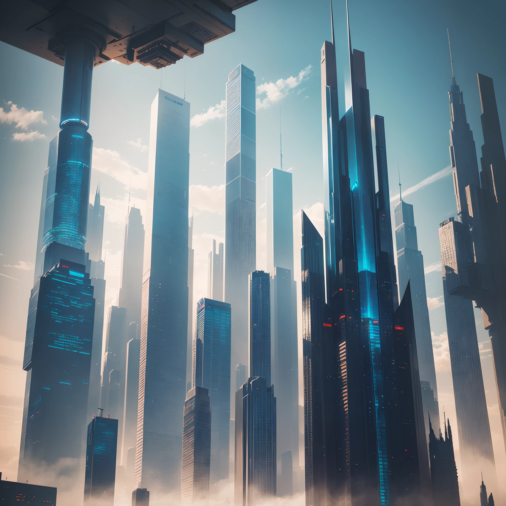 (Best Quality, 8K, Ultra-detailed:1.2), Futuristic cityscape of towering skyscrapers, Cyberpunk, Sci-Fi Art, planet earth, A futuristic world, masutepiece, Glass skyscraper, Skyscrapers tall through the clouds,Imaginative, 10 times taller buildings, Vivid colors, Dramatic Lighting,Fantasia,A space station,