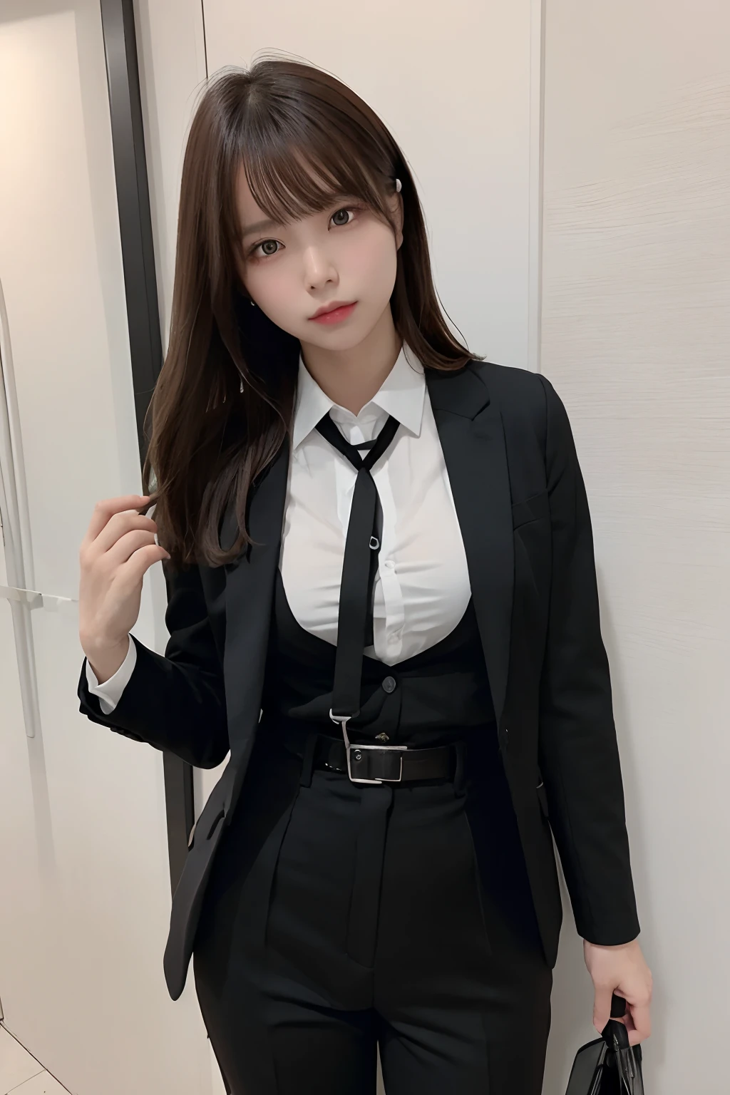 masterpiece、top-quality、The ultra -The high-definition、、colourfull、flat-colors、depth of fields、lens flare 1 girl、、A dark-haired、watching at viewers suits Cutter shirt a belt suspenders working adults materia OL Black Suit Black jacket glares large full breasts a miniskirt garterbelts knee high stockings Black Niso