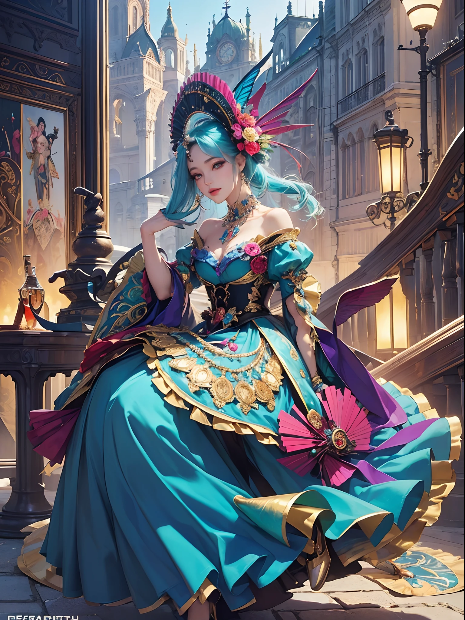 Vibrant colors、((masterpiece)))、(((top-quality)))、((ultra-detailliert))、(A hyper-realistic)、(highly detailed CGillustration)、Official art、Berlin at the beginning of the 20th century、Decadent、Madame Papillon、Masquerade、refinement、Elegance、Gorgeous、Gorgeous、Masks that cover most of the face、Colorful and detailed mask design、matchless beauty、Fans、Gorgeous Cocktail Dresses、jewely、Perfect Angle、perfect-composition。full body Esbian