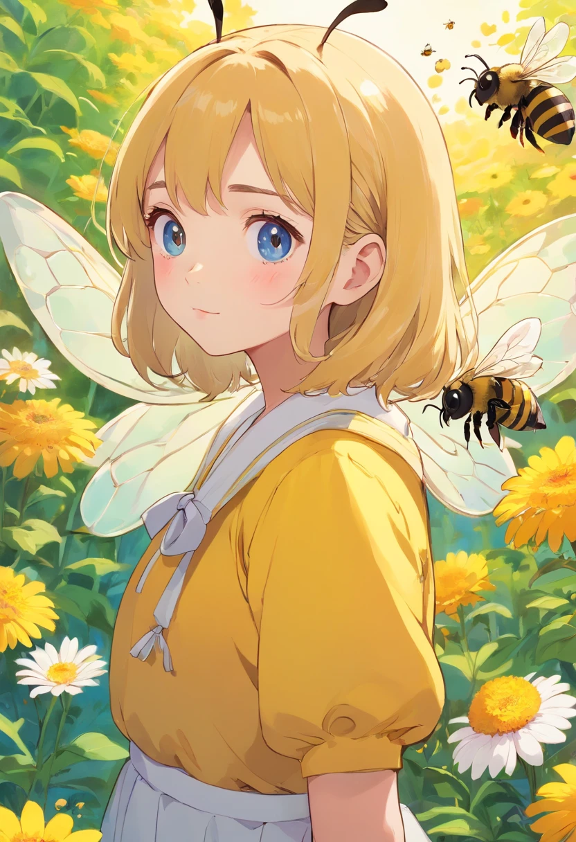 Super cute girl bee、(The face is a girl and the body is a bee)the character of、 Bright eyes, (Background of the flower garden), Glossy and delicate,clean back ground, Good luster, Best Quality