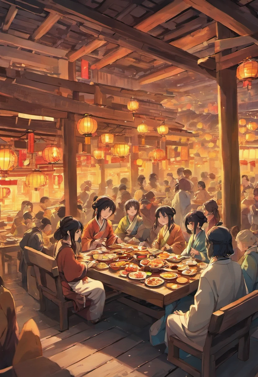 The family sits together, Enjoy a festive dinner, Surrounded by a warm and comfortable atmosphere. The room was beautifully decorated，Equipped with lanterns, Symbolizes the joy of the Mid-Autumn Festival. The table is filled with a variety of delicacies, Includes traditional mooncakes. Moonlight shone through the windows, Cast a soft glow on everyone's face. The family laughed and chatted, Express their love and happiness on this special occasion. The artwork is created with the finest materials, Such as oil painting or high-resolution digital rendering, Ensure the highest quality and detail. The colors are vivid and vibrant, Create visually stunning representations for holiday celebrations. Well-designed lighting, Focus on capturing the warm and tranquil atmosphere of the evening. The artwork is a masterpiece, With ultra-fine elements and realism, Photorealistic style. The moon in the night sky is depicted as a perfect circle, Represents the full moon of the Mid-Autumn Festival. The scene was full of fun, Love, and togetherness, Capture the essence of the festival.You can see the round moon hanging high