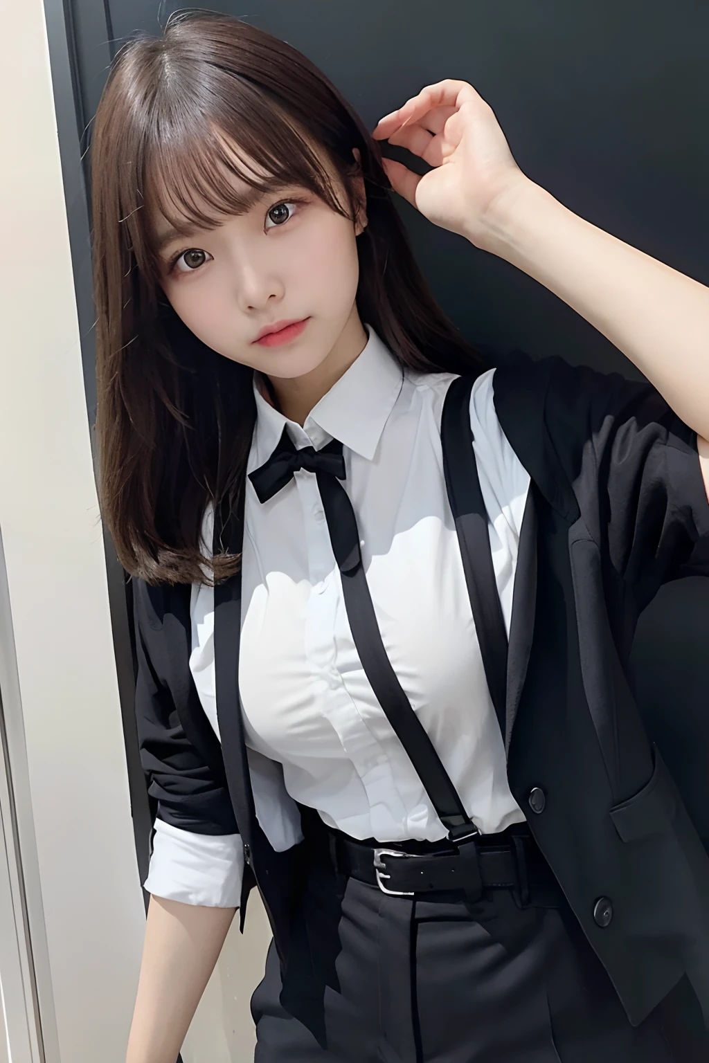 masterpiece、flat-colors、depth of fields、lens flare 1 girl、、Brown hair、watching at viewers a belt black suspenders Social OL huge-breasted Armpit sweat perspiring Side of both hands walls: Black Suit Black pants, Black jacket holster arm Leg holster arm Knife Carrying arma Gaze No tie tiarra No bangs Small face