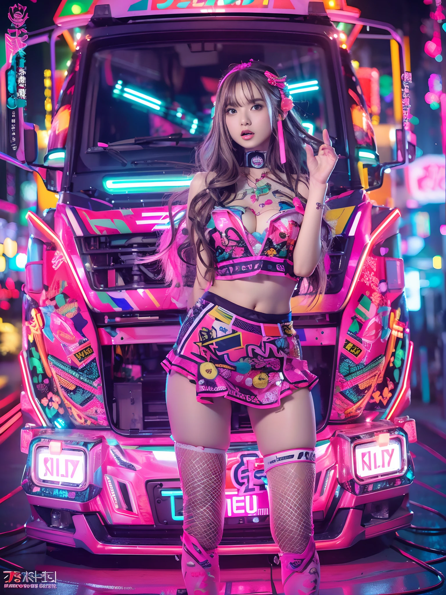 8k, top-quality, （pubic hair beauty）、hight resolution, realisticlying, realperson, Photo: Glamorous「Dekotora」Confident on top of々Girl Standing (Decorated Trucks) With dazzling neon lights. The tracks are covered with intricate designs and shimmering decorations. The Girl, Against the background of these synchrotron radiation, Take dynamic poses, Her outfit is、It complements the vibrant aesthetic of the truck、huge tit、beauty legs、Short clothes that expose the stomach、micromini skirt、I want to take off my panties、I'm screaming because I'm having sex