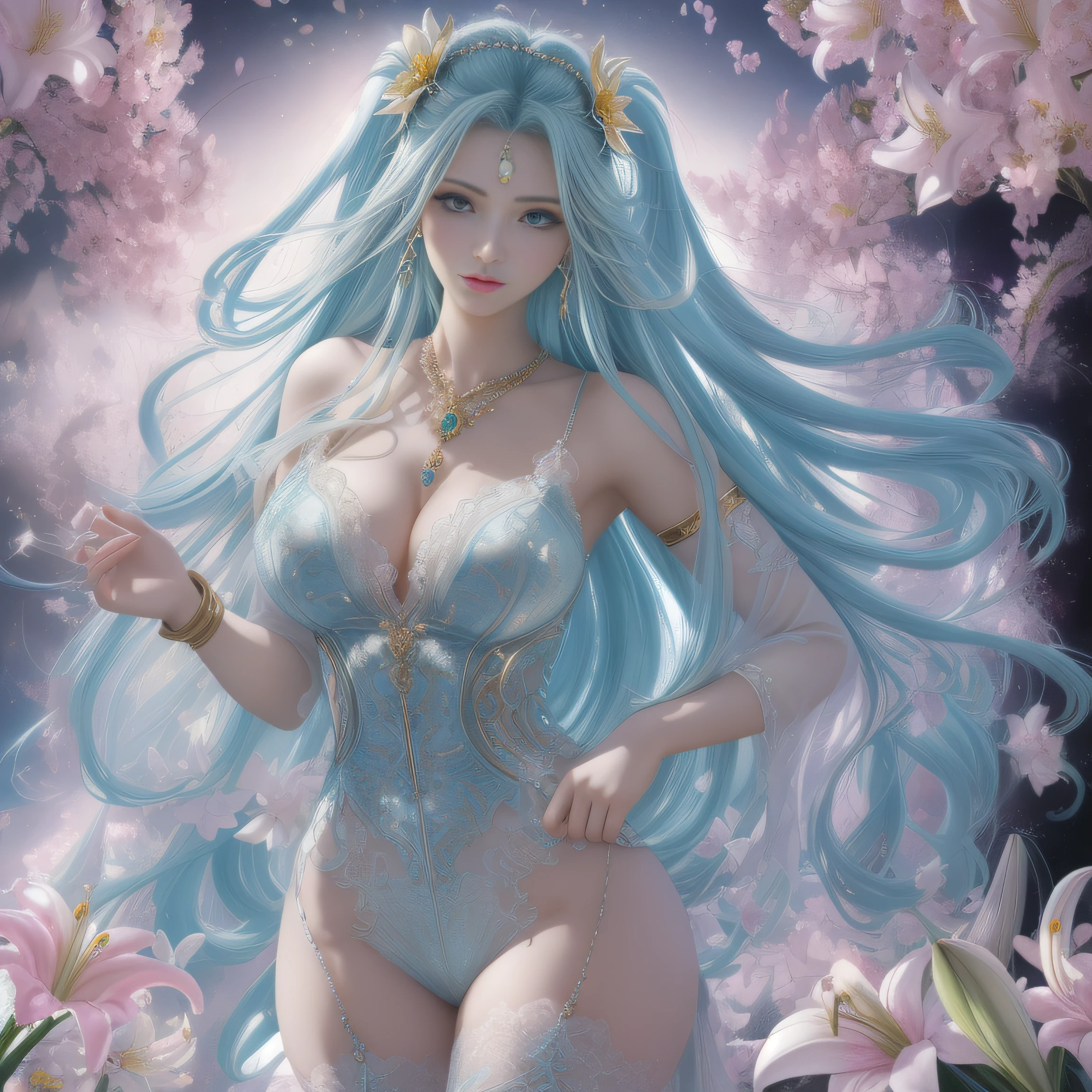 (anime (Ahh my goddess), belldandy), ultra realistic 8k cg, picture-perfect face, flawless, clean, masterpiece, professional artwork, famous artwork, cinematic lighting, cinematic bloom, perfect face, beautiful face, fantasy, dreamlike, unreal, science fiction, beautiful clothes, lace, lace trim, lace-trimmed legwear, (rich:1.4), prestige, luxury, jewelry, diamond, gold, pearl, gem, sapphire, ruby, emerald, intricate detail, delicate pattern, charming, alluring, seductive, erotic, enchanting, hair ornament, necklace, earrings, bracelet, armlet,halo
((,1girl, pov,))(((,lily \(flower\), 1girl, spring_\(season\), solo,looking at viewer, )))