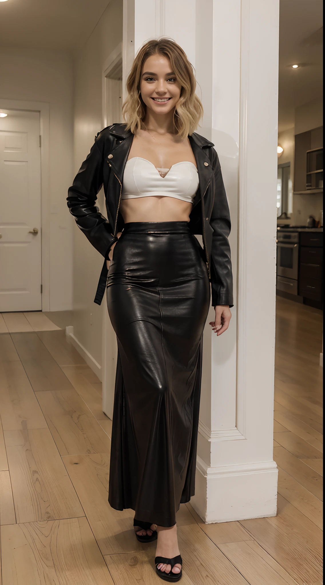 Best Quality, 8K, 32K, ​master piece ,ultra detailed,full body,short bob Hair , hair color is blonde,Wave hair , 27 years old ,full body(full body:1.2)leather jacket(black leather jacket:1.2),tube top ,black long maxi-skirt(black long maxi-skirt:1.2),smiling,indoor,dynamic pose,
