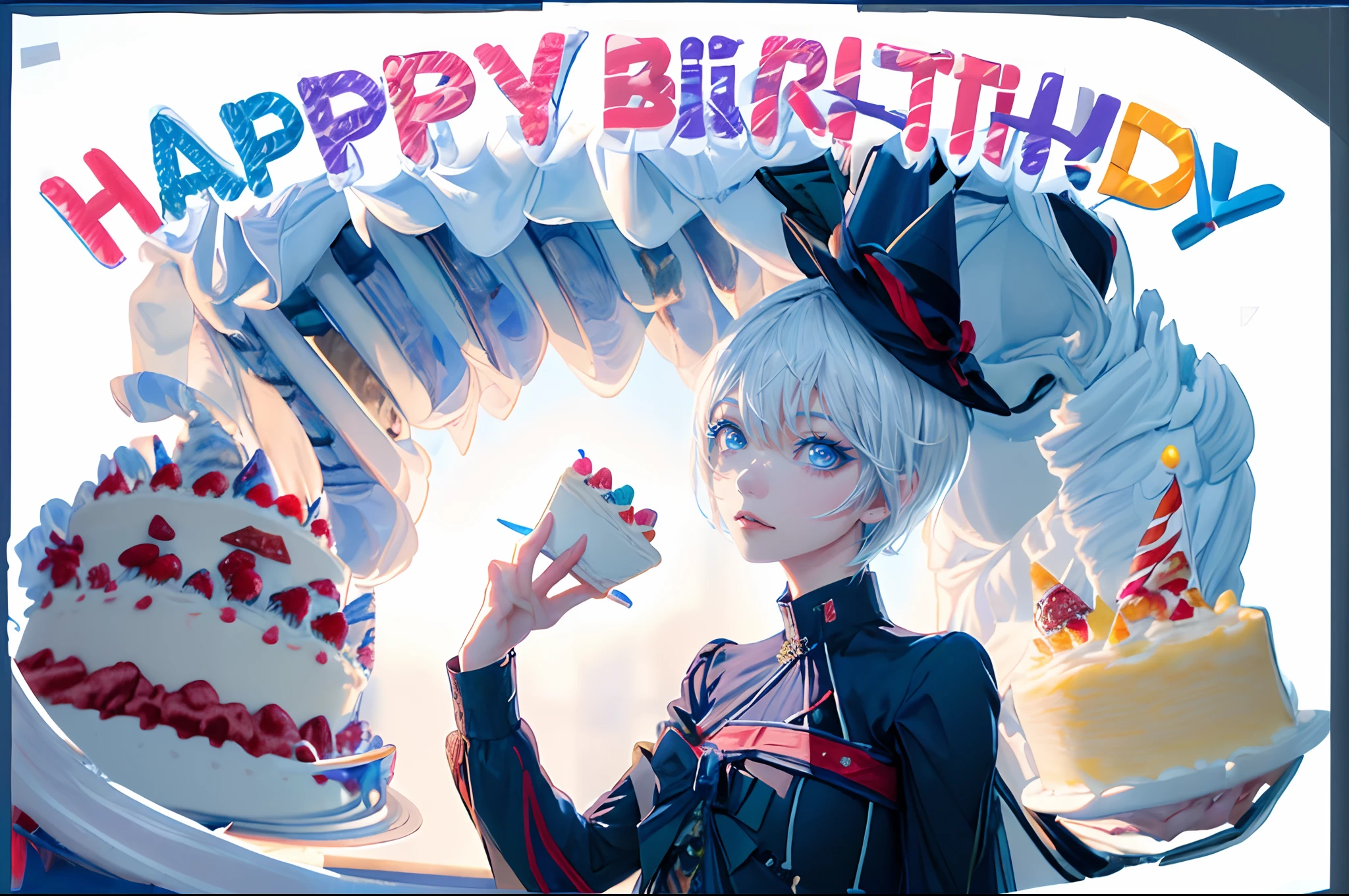 ((4K works))、​masterpiece、(top-quality)、One Beautiful Girl、Slim body、tall、((Cool gothic fashion with long sleeve long pants))、((Wearing a triangular birthday hat))、(Detailed beautiful eyes)、In a stylish English room、Birthday Party、((Face similar to Carly Rae Jepsen))、((Short-haired white hair))、((Smaller face))、((Neutral face))、((Bright blue eyes))、((American adult women))、((Adult female 26 years old))、((cool lady))、((Like a celebrity))、((joyous expression))、((Korean Makeup))、((elongated and sharp eyes))、((Happy dating))、((boyish))、((Upper body photography))、Professional Photos、(((Shot alone)))、((Solo Photography))、((She is sitting at the table))、((There is a stylish birthday cake on the table.))