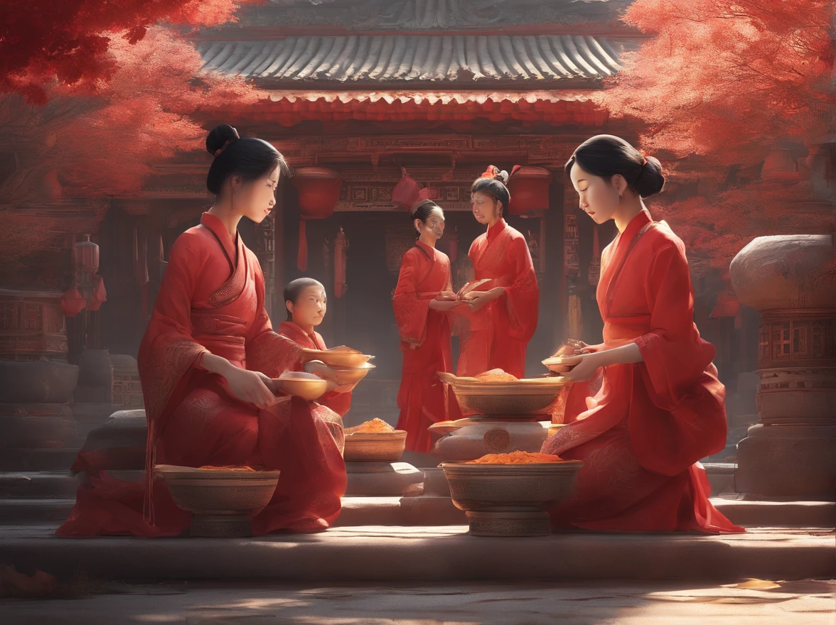 # Stable diffusion cues:

A (Best quality, 4K, 8K, High-res, Masterpiece:1.2), Ultra-detailed, (Realistic, Photorealistic, photo-realistic:1.37) Depicting chinoiserie scenes. in front of temple, There were two old women with gray hair wearing traditional red dresses, Sit on a small stool. Next to it are two large bowls，There is no lid, Aromatic, Hot porridge. many people around, Eagerly holding the bowl, Wait to serve with porridge. Natural sunlight illuminates the view, creating a warm and inviting atmosphere. vibrant with colors, Mix red, gold, and earth tones, Embodies traditional Chinese aesthetics. The overall composition is balanced, With the temple as a backdrop. The details of the temple architecture are intricate, Showcasing a rich cultural heritage. The old woman had a kind and wise expression on her face, Exudes a feeling of warmth and tranquility. The surrounding crowd is varied, Including men, Women, and children of different ages, Everyone eagerly waits to enjoy a delicious meal together. The atmosphere is full of anticipation and happiness, Create a sense of community and solidarity.