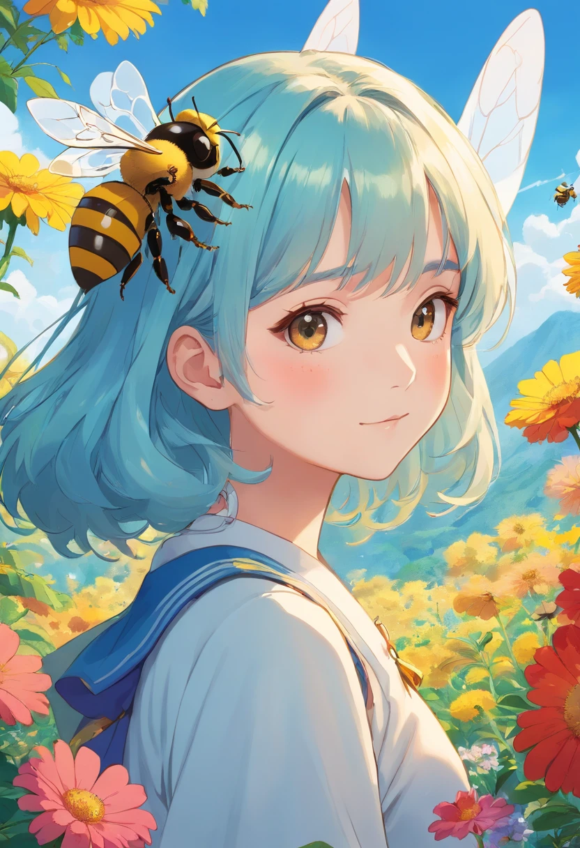 Super cute female honeybee、The upper body is human、Draw from the neck down to the body of the bee、(The face is a girl and the body is a bee)the character of、 Bright eyes, (Background of the flower garden), Glossy and delicate,clean back ground, Good luster, Best Quality