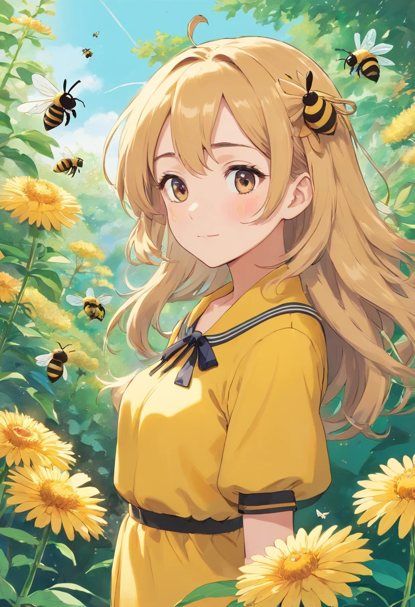 Super cute female honeybee、The upper body is human、Draw from the neck down to the body of the bee、(The face is a girl and the body is a bee)the character of、 Bright eyes, 　（Background of the flower garden), Glossy and delicate,clean back ground, Good luster, Best Quality