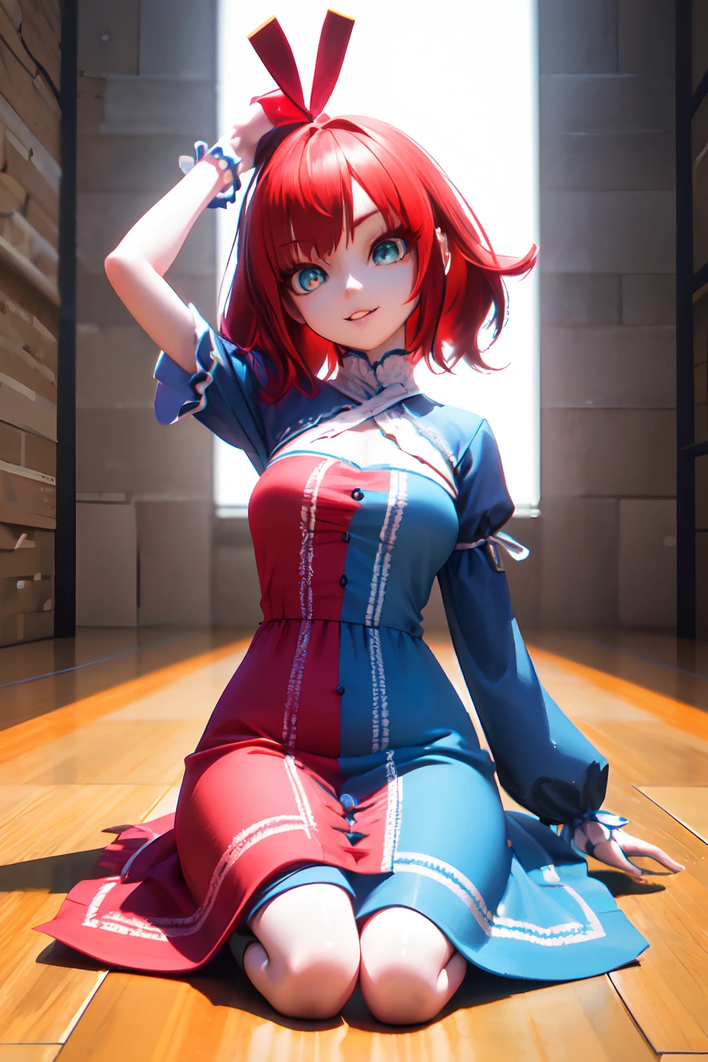 30yr old ragdoll woman, with red hair and a ribbon, blue ragdoll dress, bottons eyes, poser, 3d animated, 3 d animated, toonix character, cartoonish cute, 3d character, 3 d character, medieval, highly rendered!!,