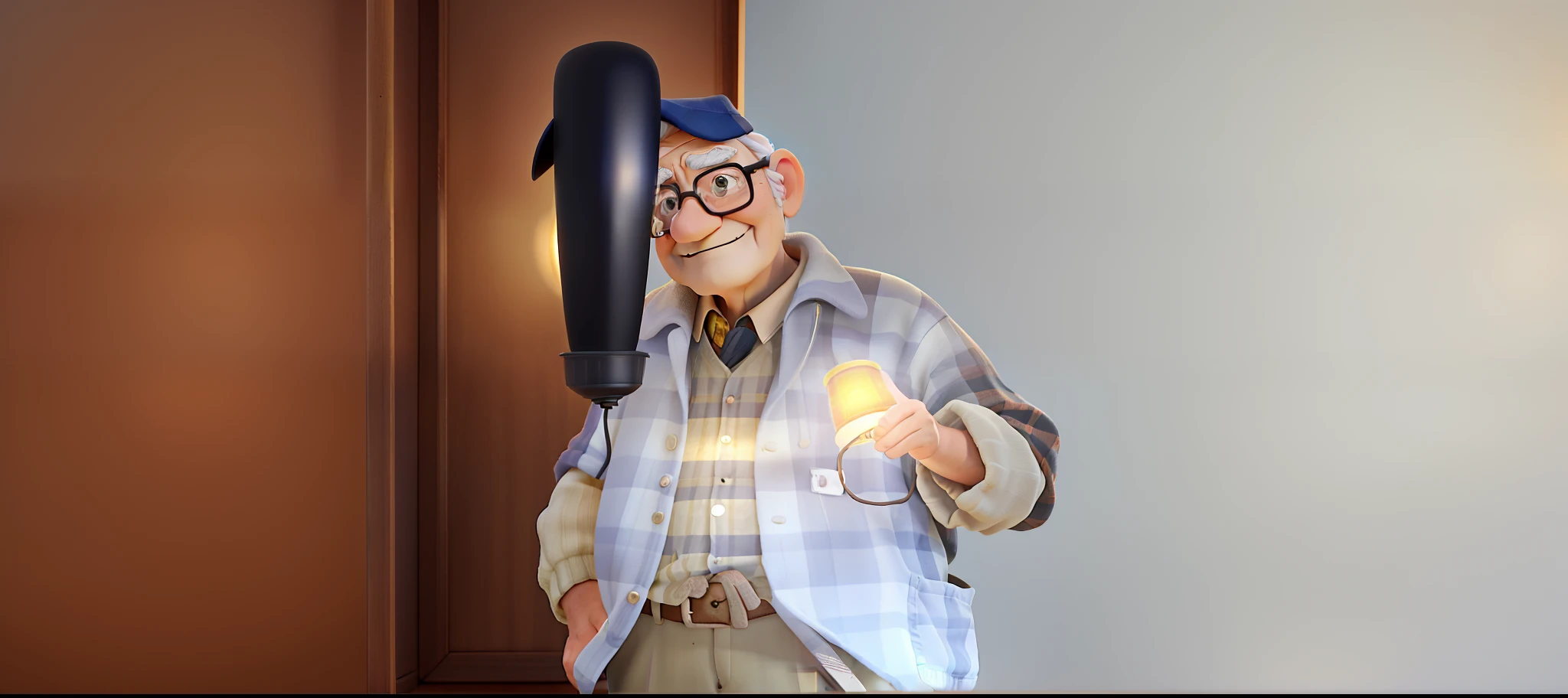 A wise old man standing in front, illuminated by the light of a lamp, against the backdrop of a library