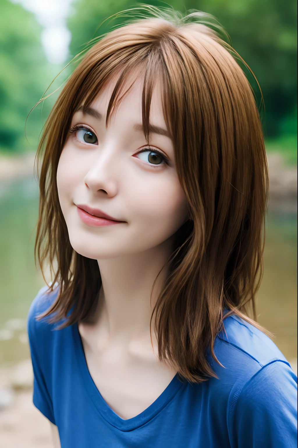 best quality ,very skinny , long hair , girl max caulfield ,large eyes , , blurry, , brown hair , happy , , soft skin, , expressive eyes ,,  blue t-shirt, ,  , short short , at the river