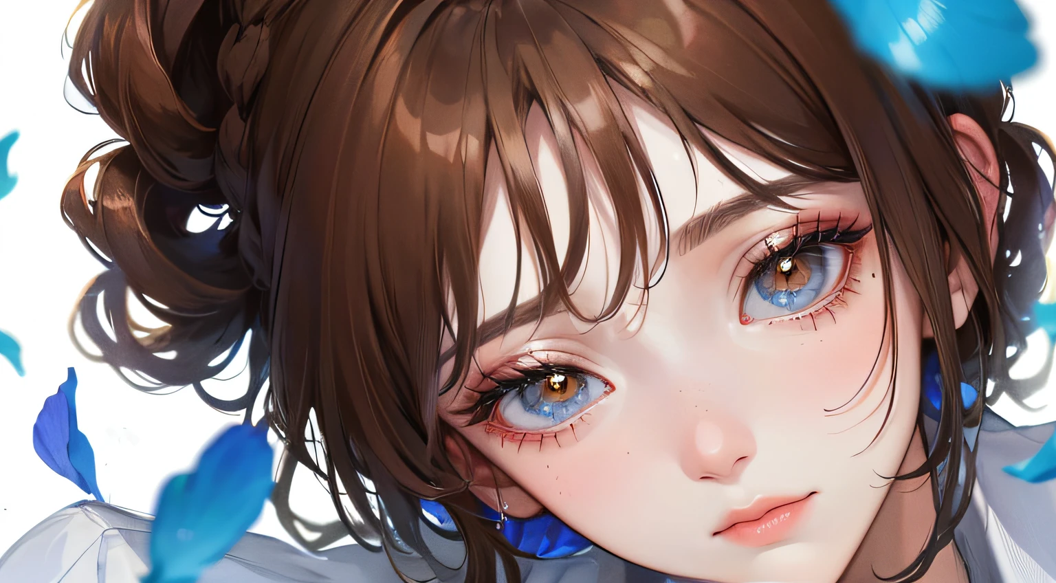 (((1人の女性)))、(Top resolution、Distinct_image) best qualtiy、(((Transparency)))、contrasts of light and shadow、simple background、((Blue petals))、((illuminating))、ighly detailed、Semi-realistic、Brown hair、((makeups)),Braided hairstyle、deadpan、bangss、20yr old、年轻、((White shirt))、delicated facial features、Facial features、mid-shot、