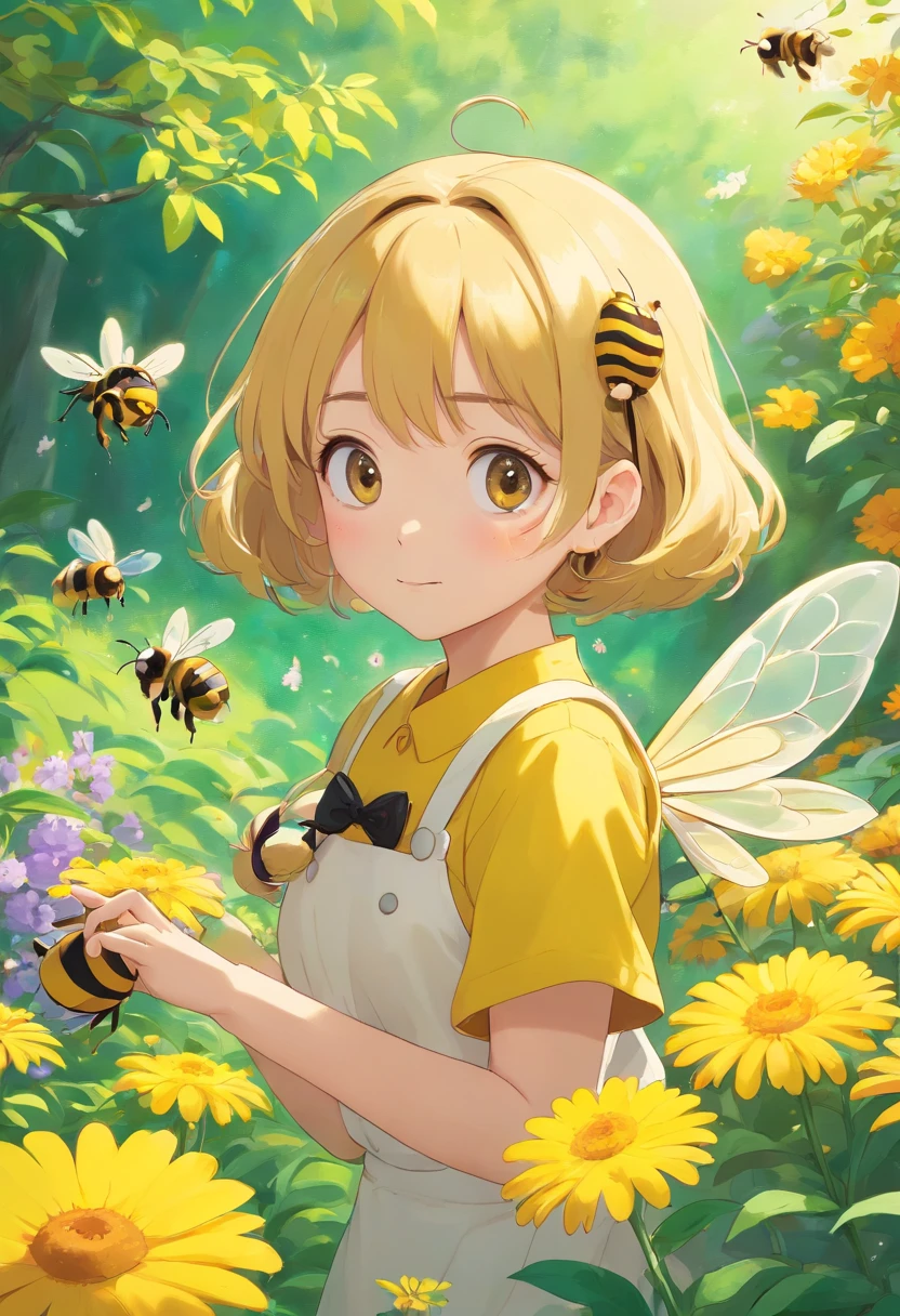 Super cute girl bee by Popmart、A character with a girl's face and a bee body、 Bright eyes, 　（Background of the flower garden), Glossy and delicate,clean back ground, Good luster, 3D rendering of a,Best Quality