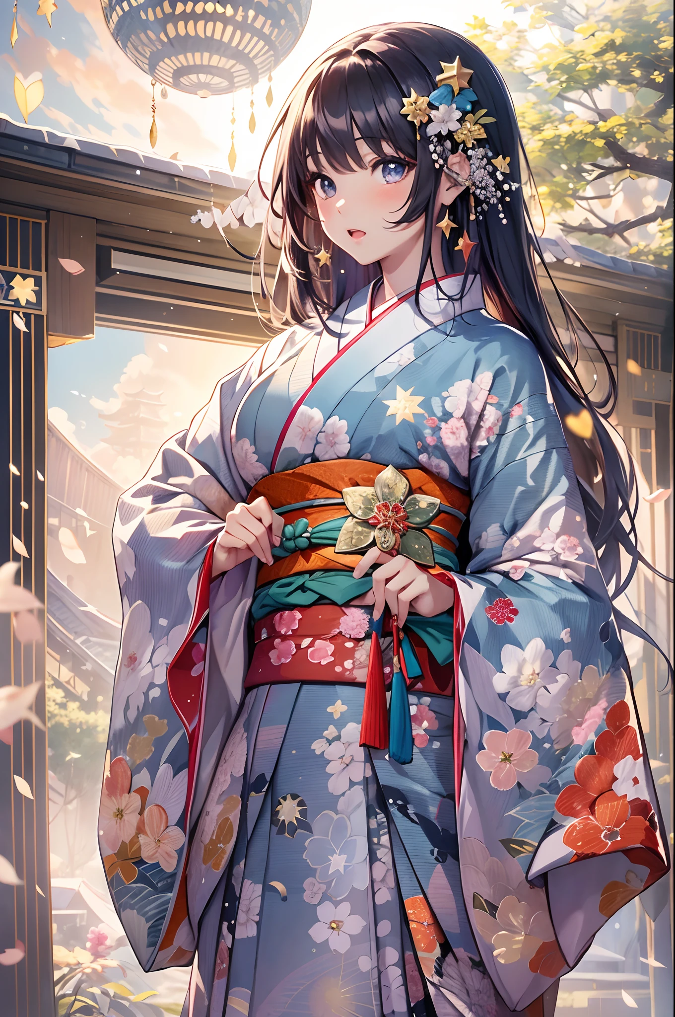 top-quality、Top image quality、masterpiece、girl with、Beautiful glittering stars々Shining cosmic background、、Girl wearing a Japanese-style kimono、Standing with a shining sword、Fantastic and beautiful