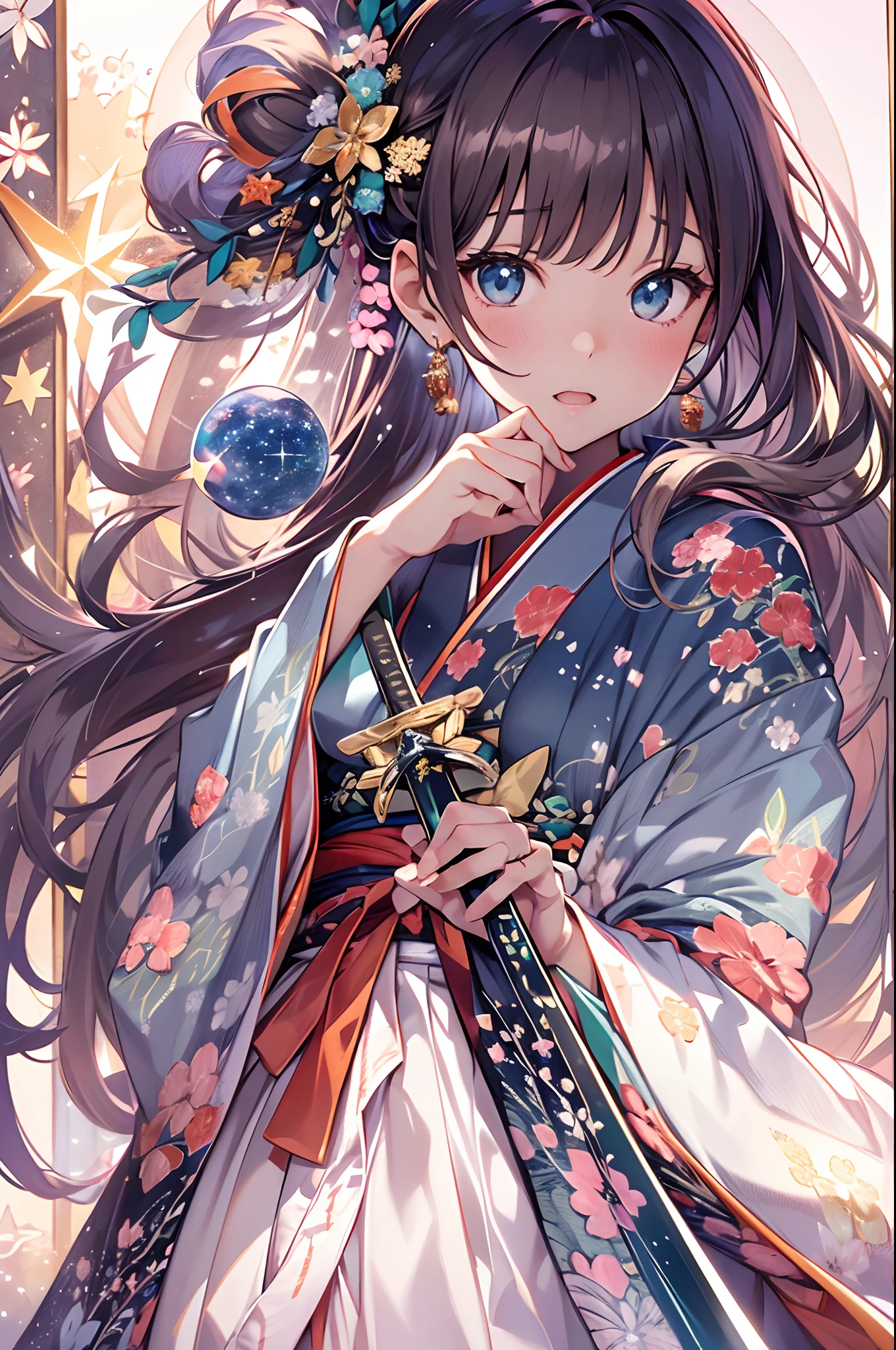 top-quality、Top image quality、masterpiece、girl with、Beautiful glittering stars々Shining cosmic background、、Girl wearing a Japanese-style kimono、Standing with a shining sword、Fantastic and beautiful