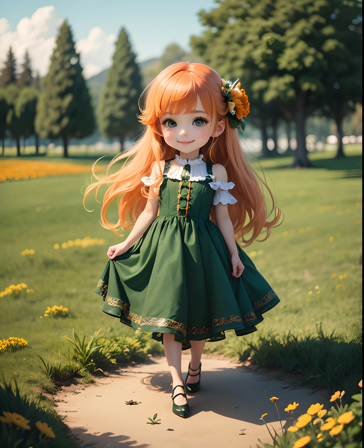 ​masterpiece、top-quality、ultra-detailliert、(Chibi Chara's Daughter:1.2)、Long orange hair swaying in the wind、Green eyes、松の木🌲の帽子、Long dress with orange ruffles and luxurious embellishments of peplum、Orange pumps、Standing、a smile、Background Monet's green grass and orange flowers flower art wallpaper