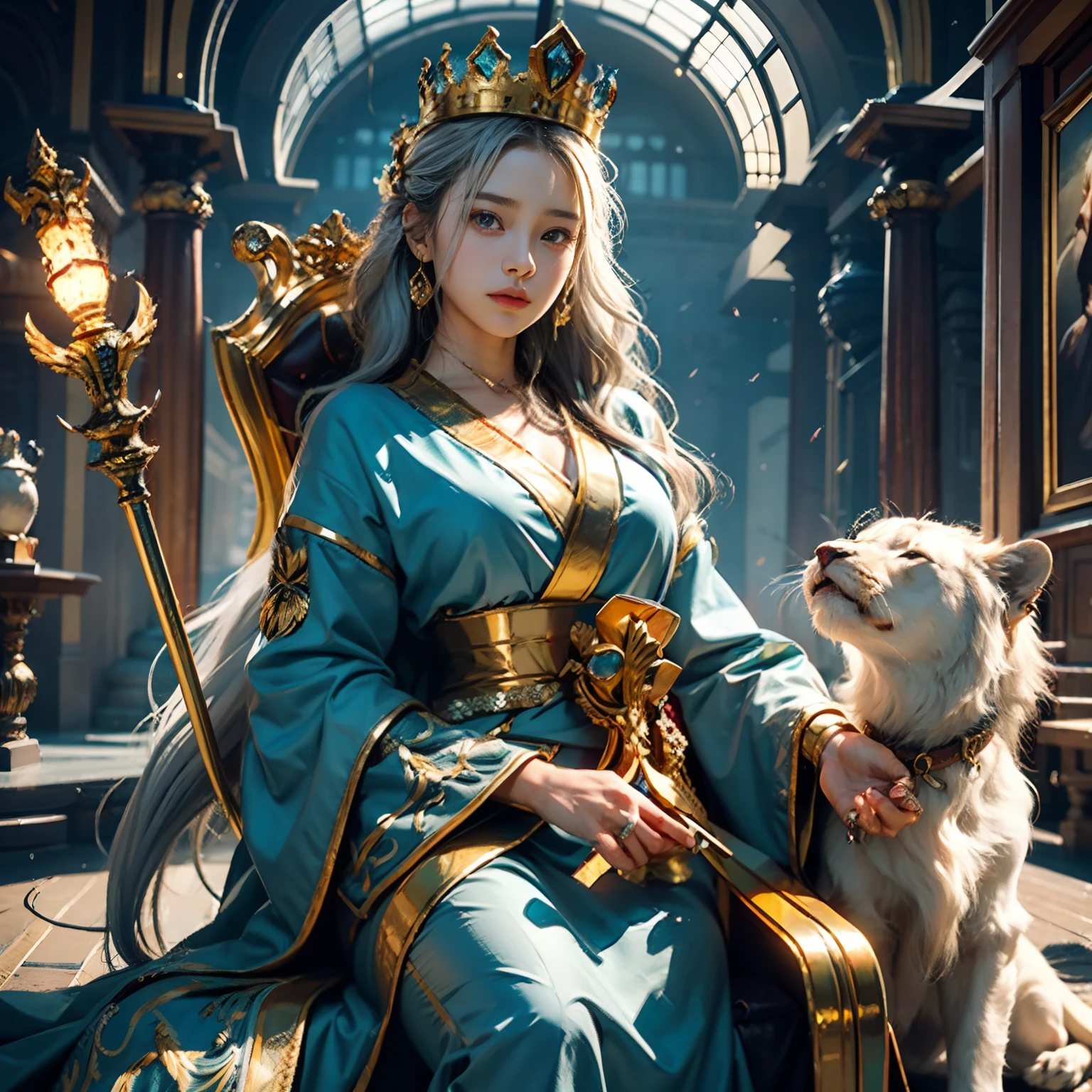 Beautiful High School Girl,sixteen years old,(Wear Japan white high school uniform:1.5),(A huge white male lion is lying next to a female:2) ,(Endless Green African Savannah:2),(A woman sits on the king's golden throne:1.2),(Flowing long silvery-white hair),The whole body glows,stares at the camera,(A woman holds a golden scepter:2),(Front Focus),Fantasyart,Realistic pieces,动态照明,art stations,poster for,Volumetriclighting,extra detailed face,16 K,awardwinning