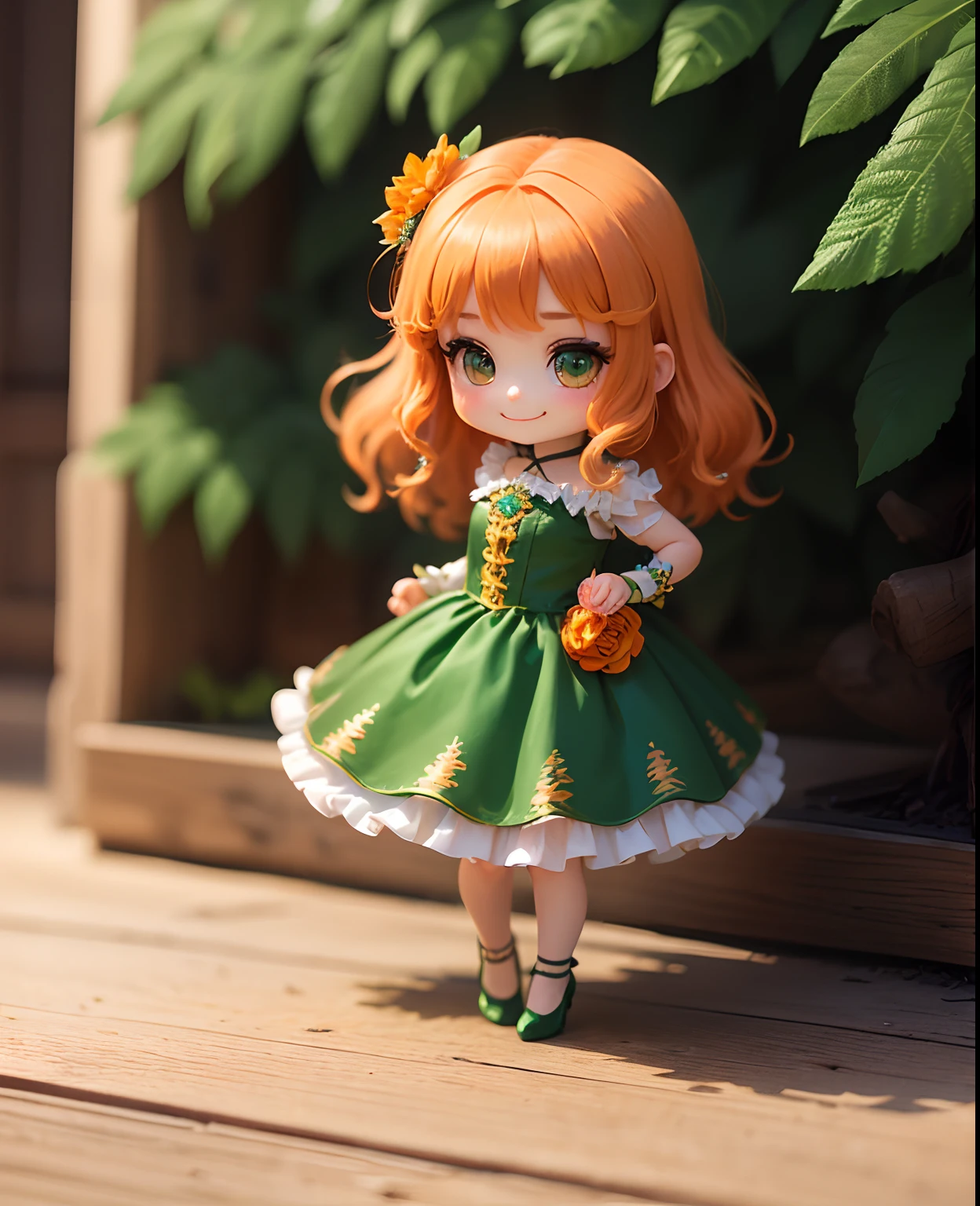 ​masterpiece、top-quality、ultra-detailliert、(Chibi Chara's Daughter:1.2)、Long orange hair swaying in the wind、Green eyes、(松の木🌲の帽子:1.2)、Long dress with orange ruffles and luxurious embellishments of peplum、Orange Pumps、Standing、A smile、Background Monet's green grass and orange flower flower art wallpaper