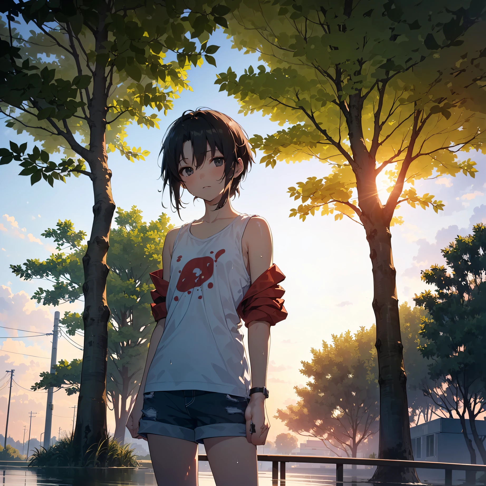 (top quality,shinkai makoto style, ultra-detailed,high resolution,extremely detailed CG,unity 8k wallpaper,by famous artist,perfect anatomy,super detailed skin,cinematic lighting:1.5),break,(Please draw a picture of a girl wearing transparent clothes soaked in the rain, taking shelter in the shade of a tree.:1.3)1girl,kawaii,(Solo,Loli face,11 years old:1.5),a junior high school student, Ponytail,Full limbs,complete fingers,flat chest, Small butt,Small eyes,Beautiful detailed black eyes,groin,(Tank top,Shorts:1.2),wet,nipples are visible,rainy,not pov, she is looking up at the sky, (In the park at night),