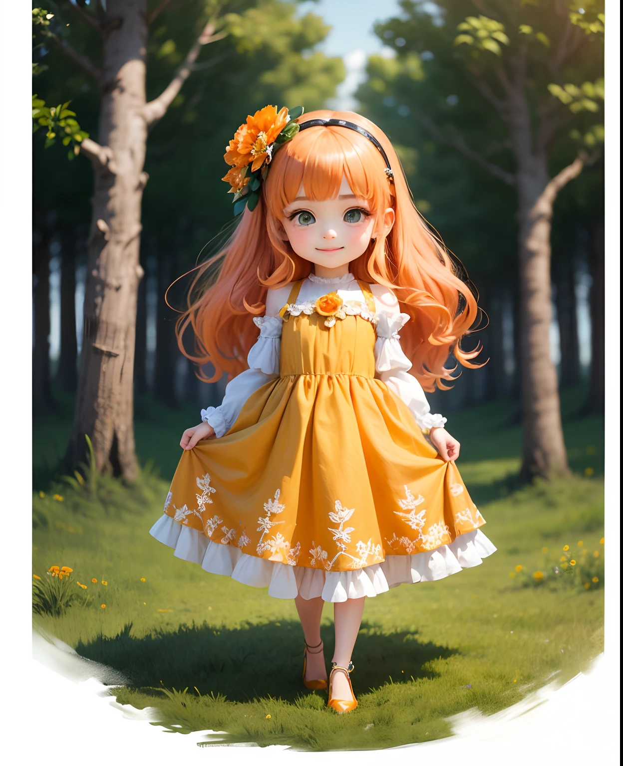 ​masterpiece、top-quality、ultra-detailliert、(Chibi Chara's Daughter:1.2)、Long orange hair swaying in the wind、Green eyes、(松の木🌲の帽子:1.2)、Long dress with orange ruffles and luxurious embellishments of peplum、Orange Pumps、Standing、A smile、Background Monet's green grass and orange flower flower art wallpaper