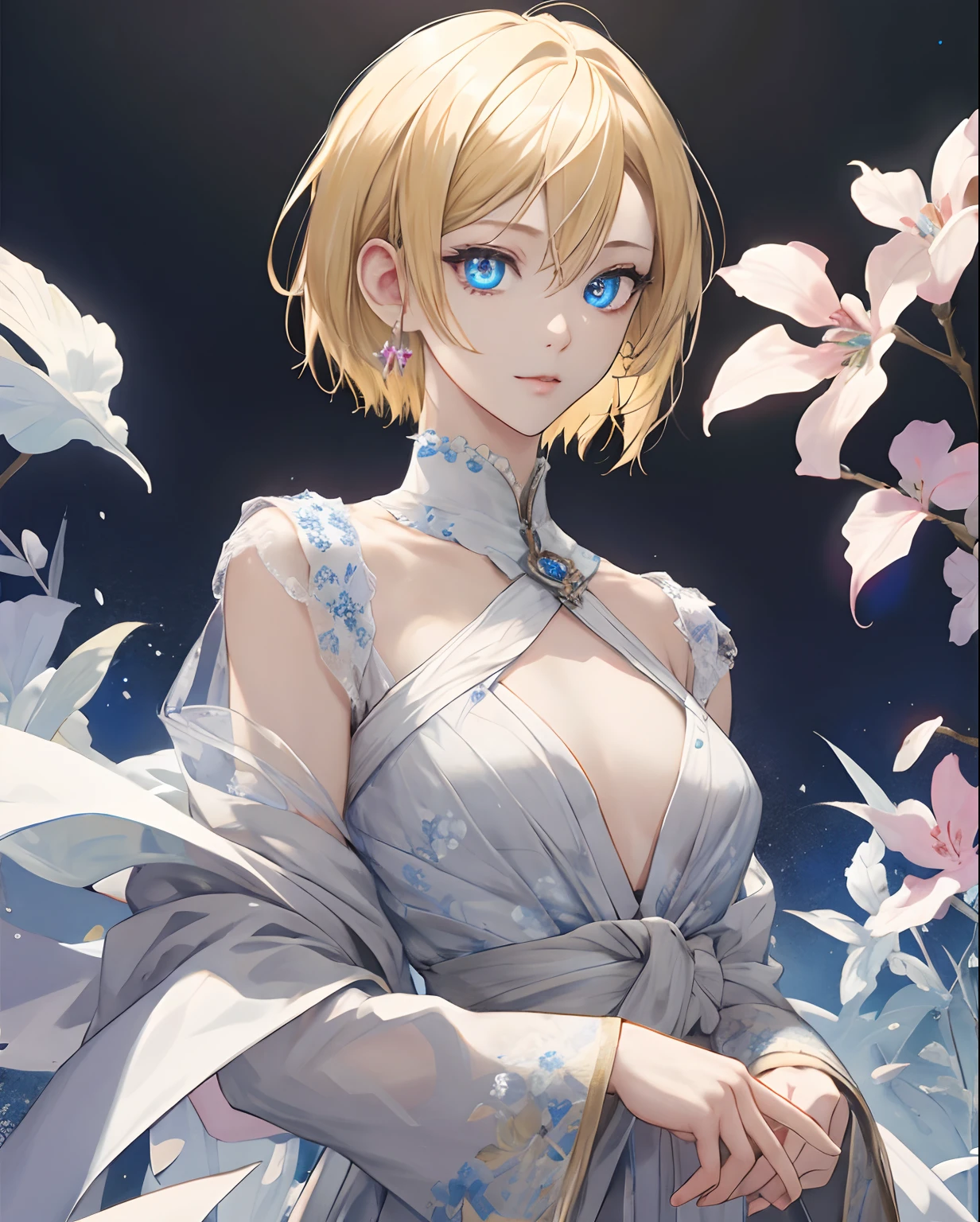 Blonde hair(Deco 1.5), Short hair, B Cup(flat chest:1.2), BREAK looking at viewer, Stand up straight in front of you, BREAK (masutepiece:1.2), Best Quality, High resolution, Unity 8k壁纸, (Illustration:0.8), Blue-eyed(Beautiful detailed eyes:1.6), extra detailed face, Perfect Lighting, extremely details CG, (Perfect hands, Perfect Anatomy),