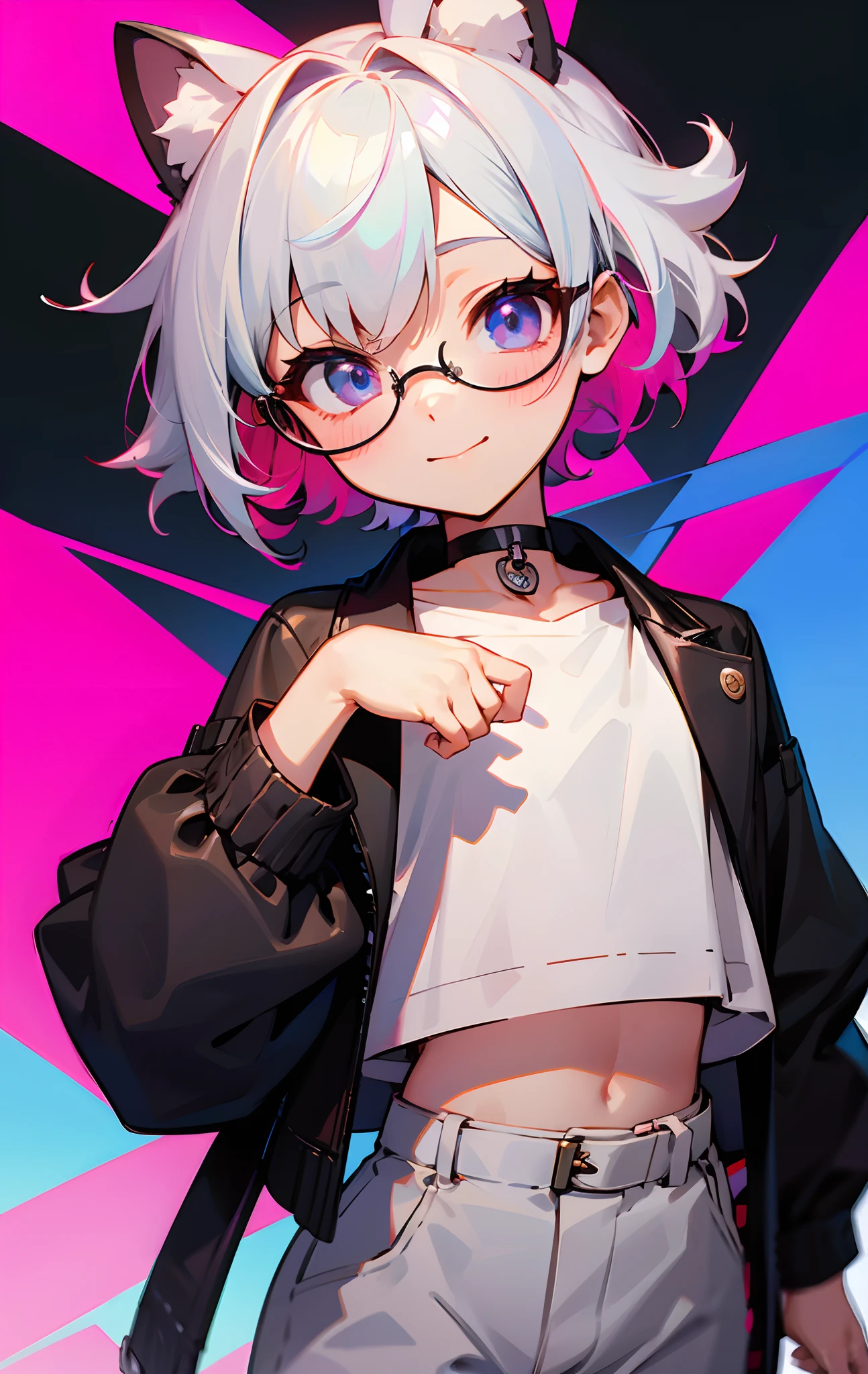 (Male child, eye glasses,A smile, silber hair)、独奏、jaket、Black jacket、Iridescent background、a choker、razor、Leather jacket、O cabelo multicolorido、cowboy shot、Color Inner Hair、bangss、White shirt、Fluffy clothes、Two-tone、Viewer's Perspective、is standing、a closed mouth、A pink-haired、Hand up、croptop、sideways Facing