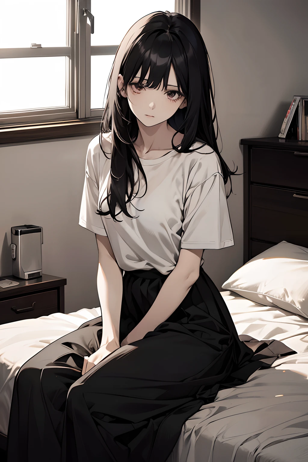 1female, adult face, age 39 face, calm, long black hair with bangs, flat chest, thin body, messy room, dark apartment room with window, sitting on bed, t shirt and long skirt, bleak atmosphere, pale colors, depressing