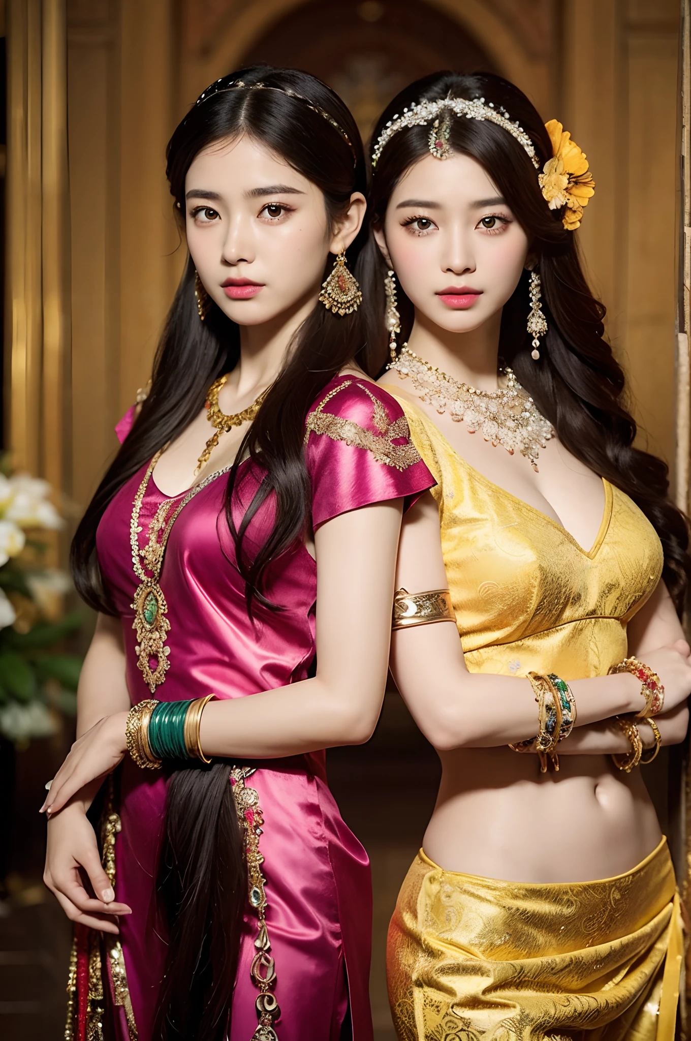 The proportions are the same for all races, All faces and pictures must be different, portrait of two vibrant exotic goddesses,silk lace,Embroidery,armlets, bangle:1.3,Ancient hair accessories,