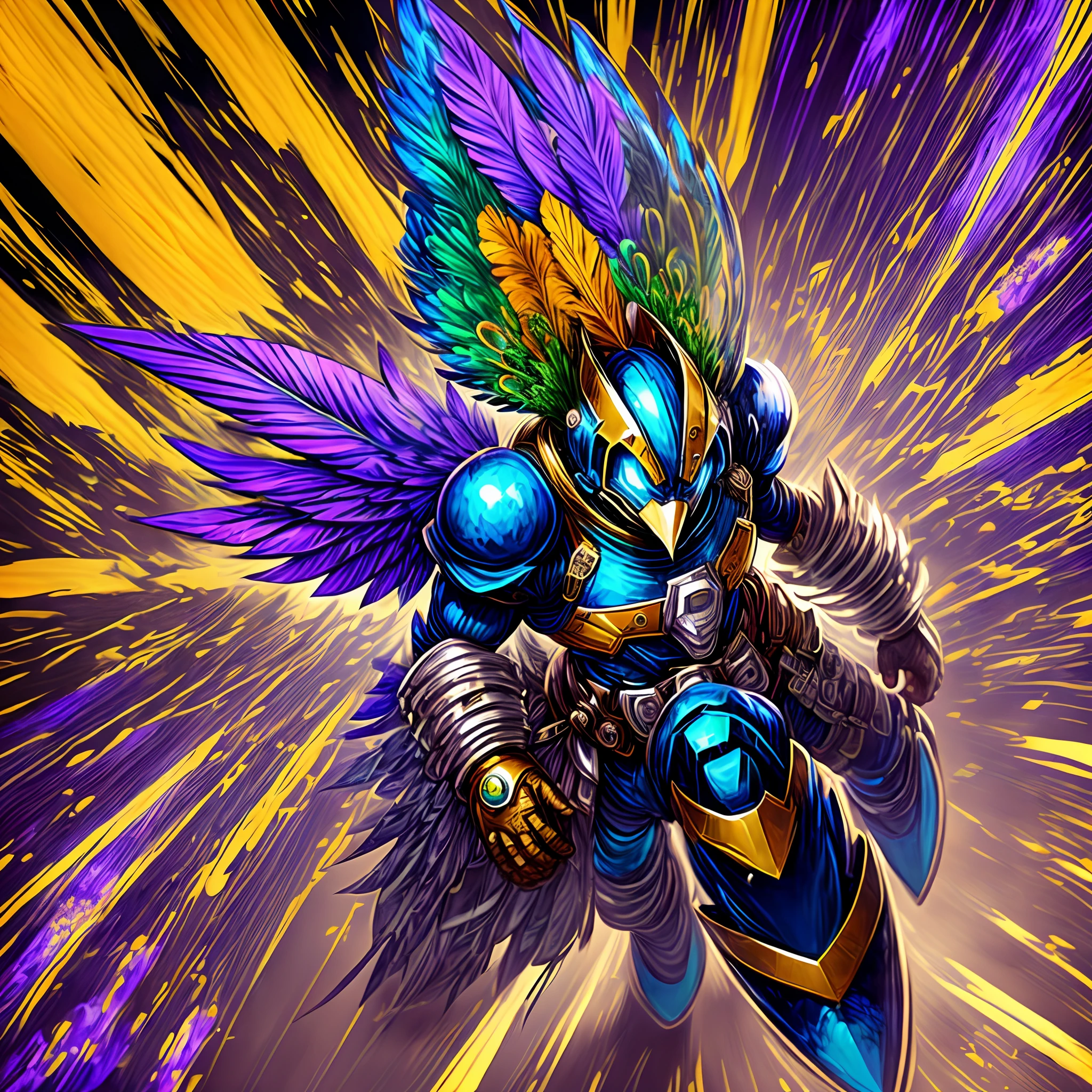 surreal Mega Man of character "Cyber Peacock" a digitized peacock-based Maverick in Mega Man X4.Peacock metal mask, outfitted Peacock armor primarily blue with purple and yellow highlights. blue glass pads on knees, chest, shoulders and wrists. had nine green Peacock blade metal feathers attached toback to use in combat as missiles. teleports and summons Peacock feather-shaped blades of energy from tail. style of 2D painting art design hcharacter style ShonenJump,GlibiStudio,manga --auto --s2