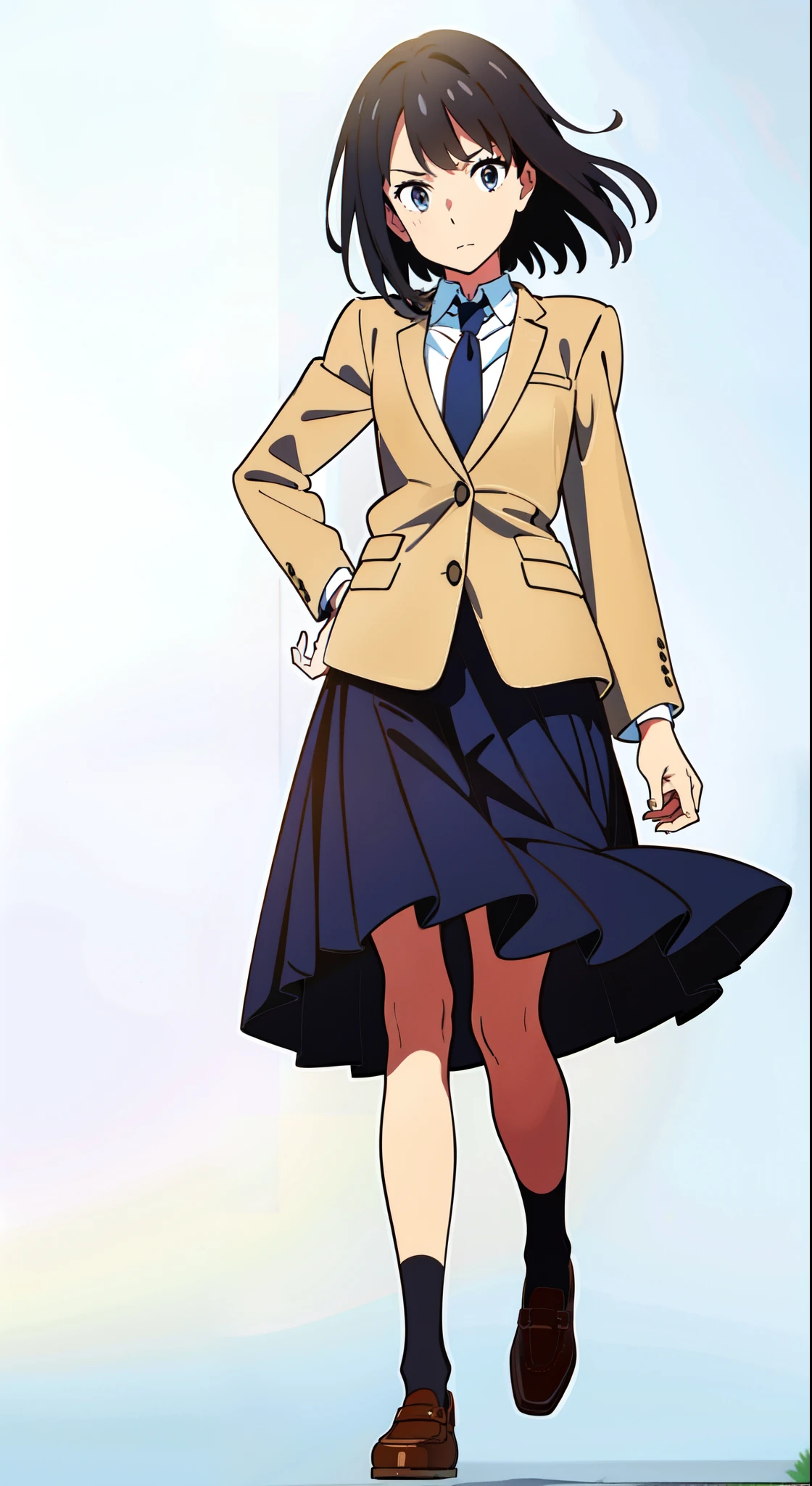 (dynamic pose:1.4), (wind:1.2), (white background:1.1), (best quality:1.1), (masterpiece:1.1), (full body:1.0), (solo:1.0), (a 18yo cute girl:1.0), (long skirt:1.1), (dark blue skirt:1.0), (pleated skirt:1.0), (school uniform beige blazer:1.0), (dark blue necktie:1.0), (black socks:1.0), (loafers:1.0), (lanky:1.2), (tall:1.2), (slender:1.2), (small breasts:1.2), (detailed beautiful eyes:1.0), (detailed beautiful face:1.0), (glowing black eyes:1.0), (short hair:1.0), (strait hair:1.0), (black hair:1.0)