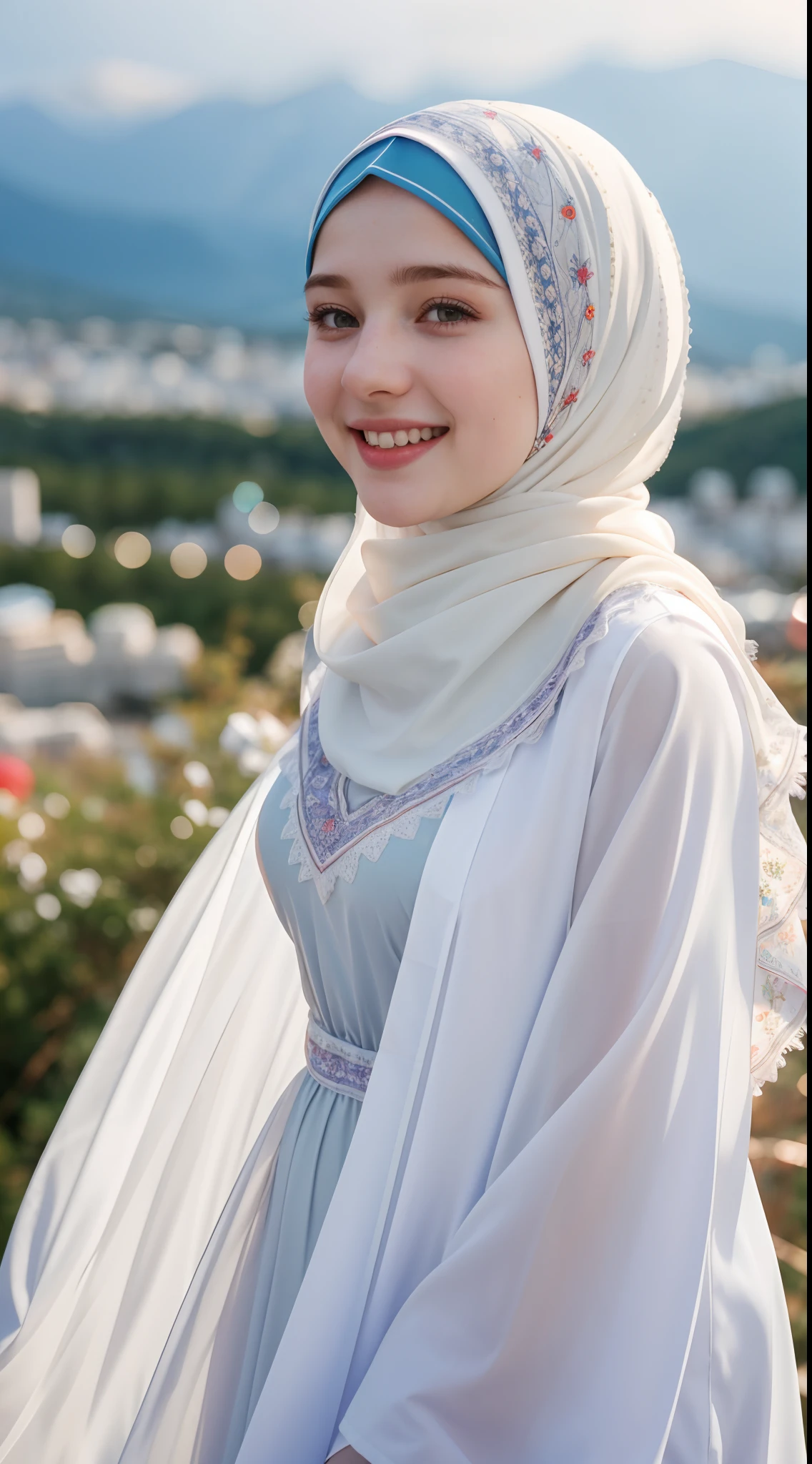 1 Girl, Beautiful, Russian Baby Face, 20 Years Old, White Skin, Colourful Hijab Muslim Outfit, Top of The Mountain Background, Wind, Laughing, Tighten Breast, ((bokeh:1.4))