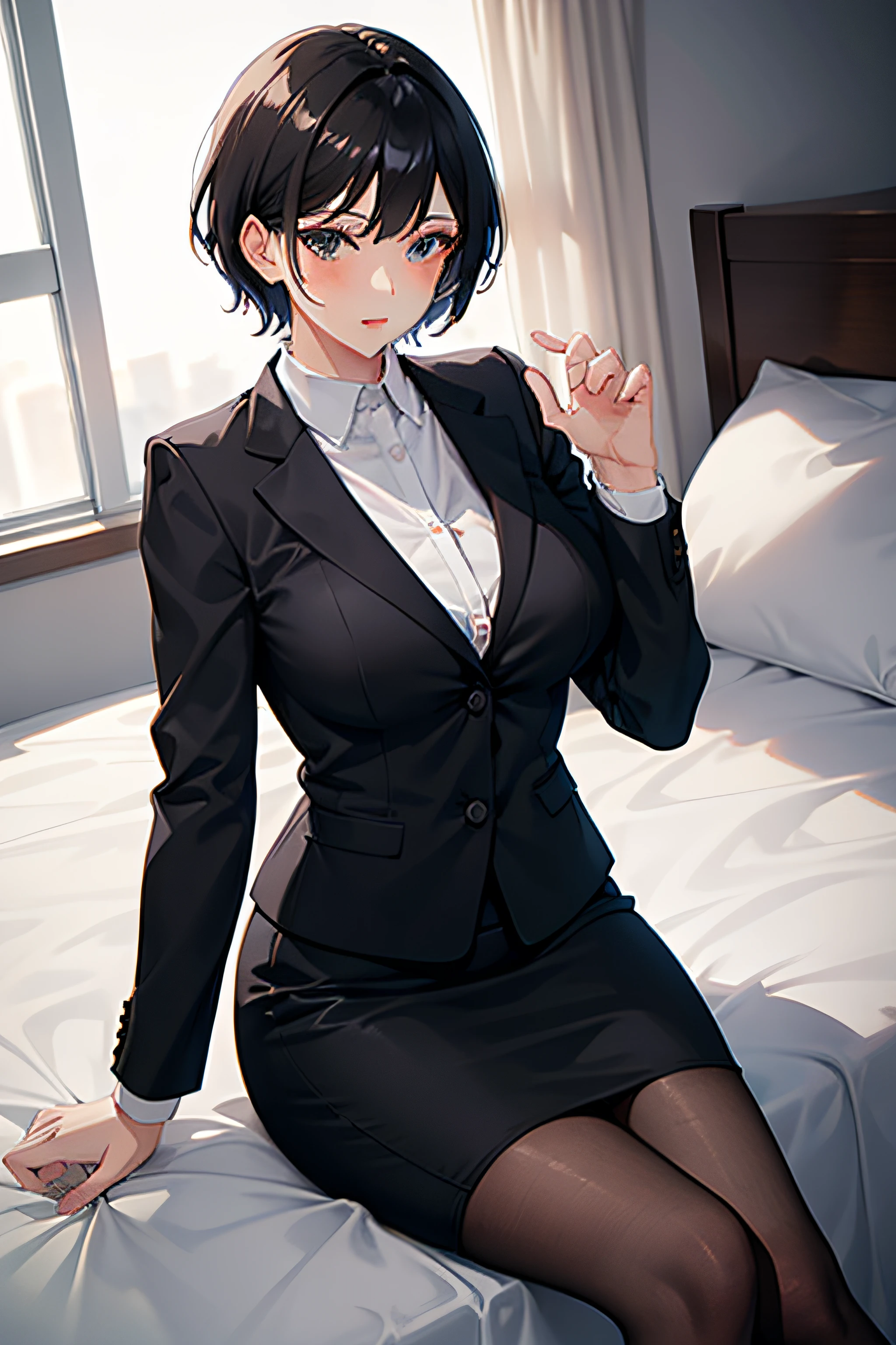 1 Female Teacher, Night, Short hair, Elegant, Office Uniform, Short black pencil skirt, Home, Wet, lying on bed