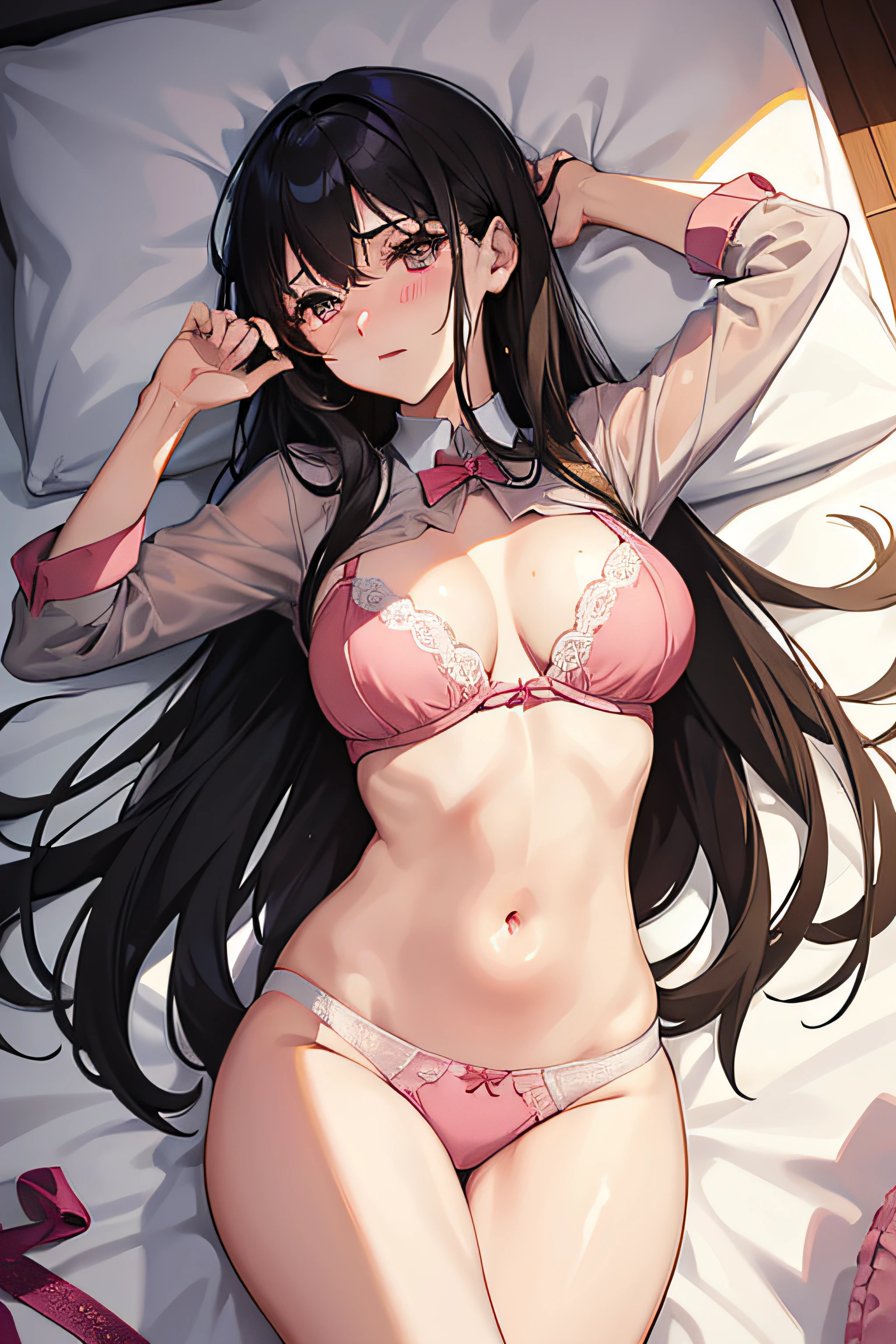 1 female teacher, Night, Long hair, A dark-haired,  Wet, lying on bed　Pink lace bra　race underwear　Chest Emphasis Pose　cute little　Wheezing