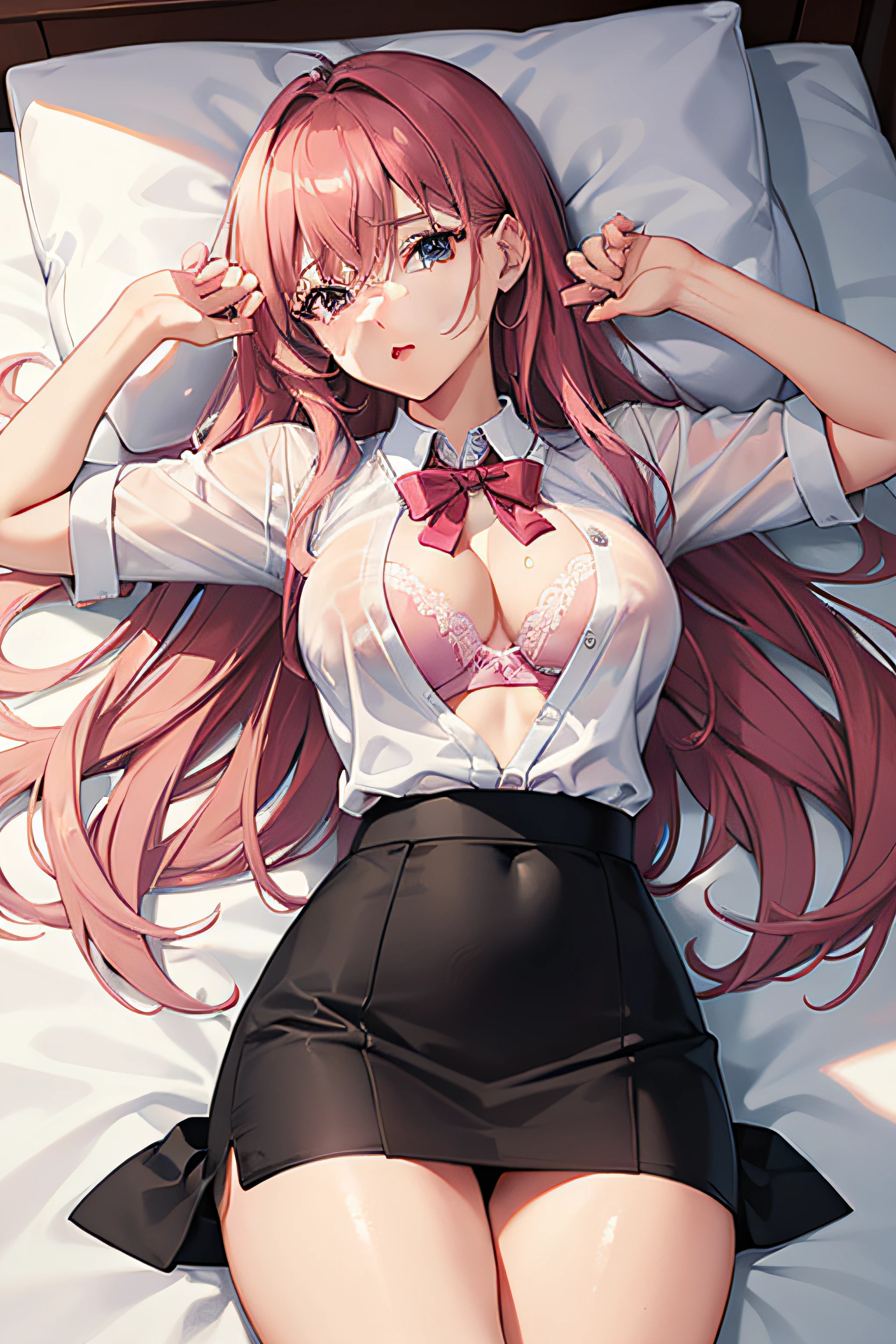 1 female teacher, Night, Long hair, Elegant, Office Uniform, pencil skirts, Home, Wet, lying on bed Pink lace bra race underwear Chest Emphasis Pose cute little Wheezing