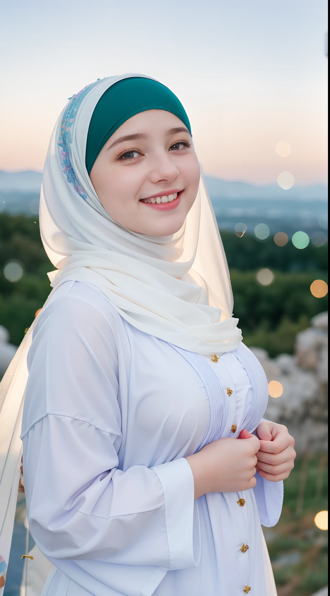 1 Girl, Beautiful, Russian Baby Face, 20 Years Old, White Skin, Colourful Hijab Muslim Outfit, Top of The Mountain Background, Wind, Laughing, Tighten Breast, ((bokeh:1.4))