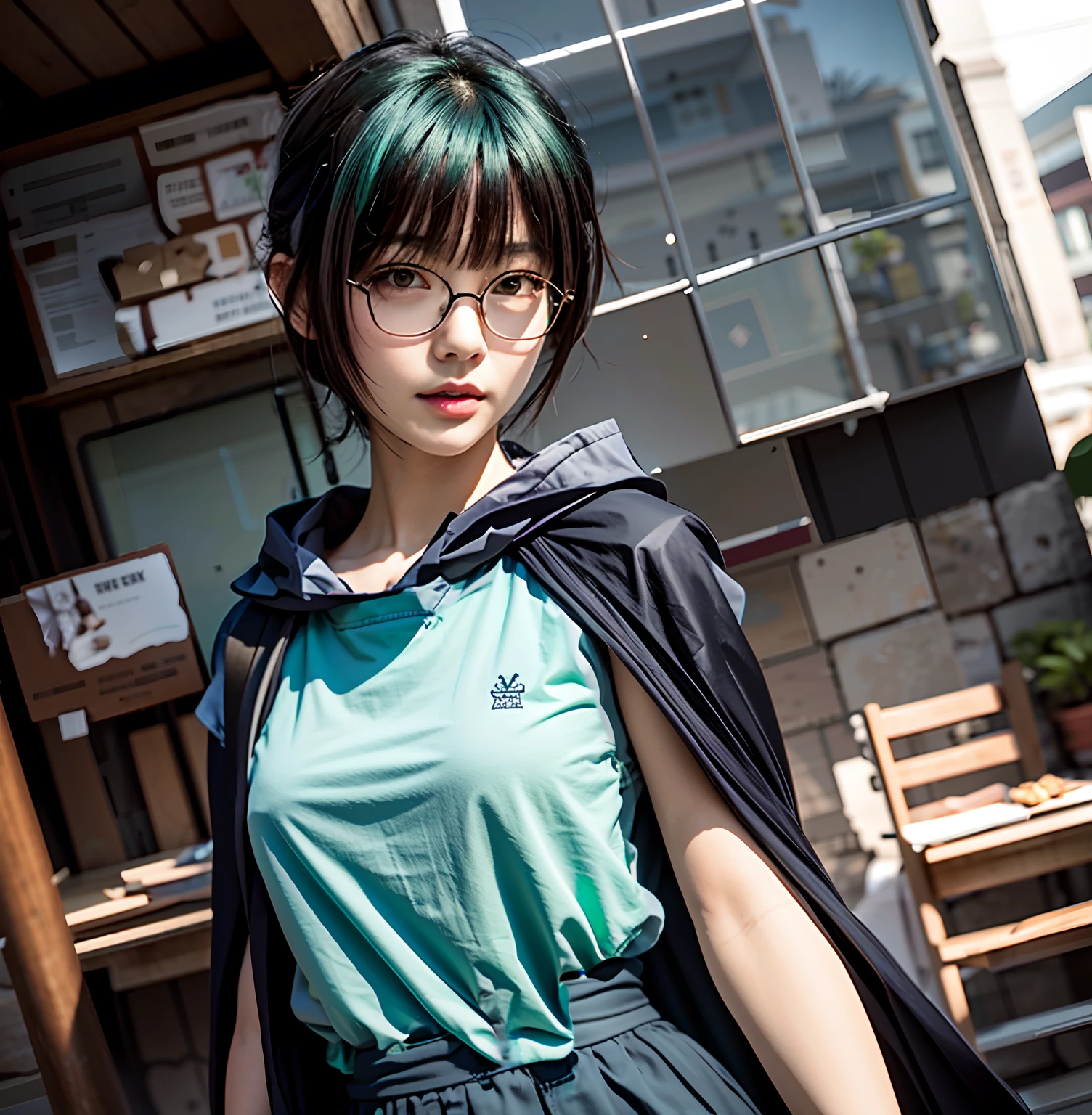 Midnight green t-shirt, full midnight green hair,