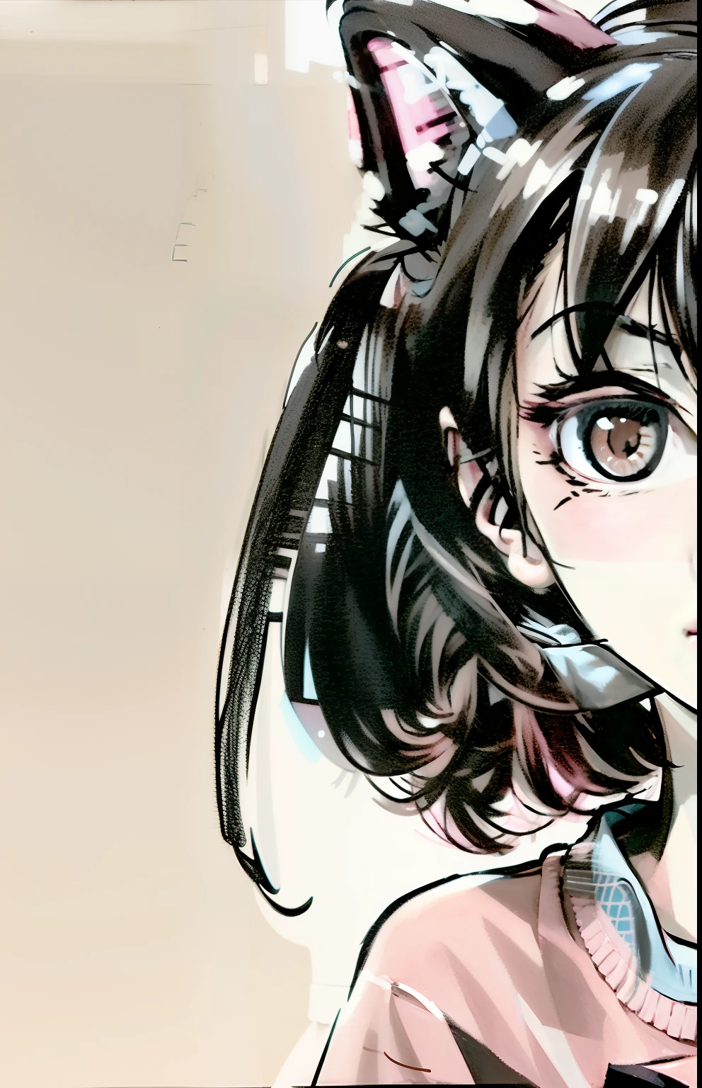 Drawing of a girl in a pink shirt with cat ears, close up of a young anime girl, an anime drawing, anime portrait of shiina ringo, chihiro! fujisaki, close up of lain iwakura, Portrait of an anime girl, inspired by Jin Homura, Flat anime style shading, colored sketch anime manga panel