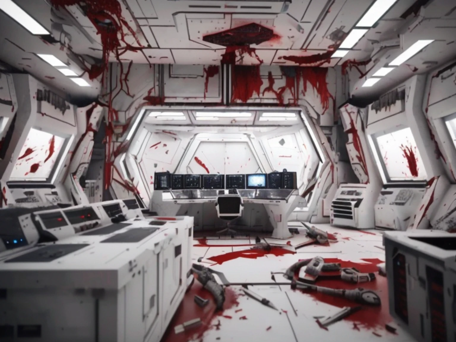arafed room with blood and blood spattered on the floor, in a space horror setting, hyper - realistic vfx render, hyper realistic vfx simulation, hyperrealistic vfx render, interior of a star destroyer, scorn game, scifi horror setting, hyperrealistic vfx simulation, highly detailed vfx scene, detailed spaceship interior, space horror, surreal sci fi set design