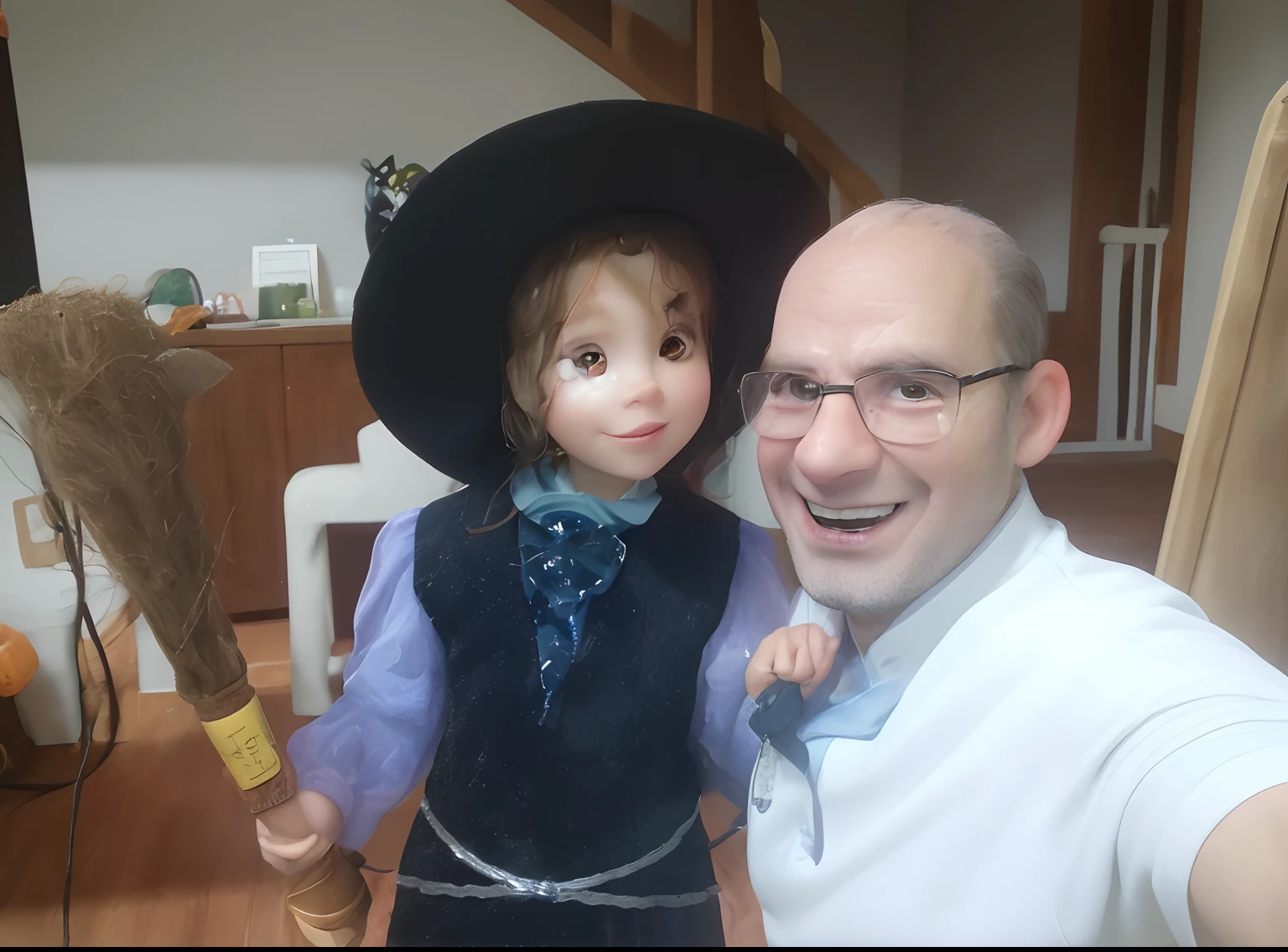 There's a man and a girl dressed up for Halloween, vestido como um bruxo, Em um estilo de Halloween, dia das bruxas, wearing a witch's hat, Alarcon Cartunista, wearing a wizard hat, with magical creatures, voando na vassoura,