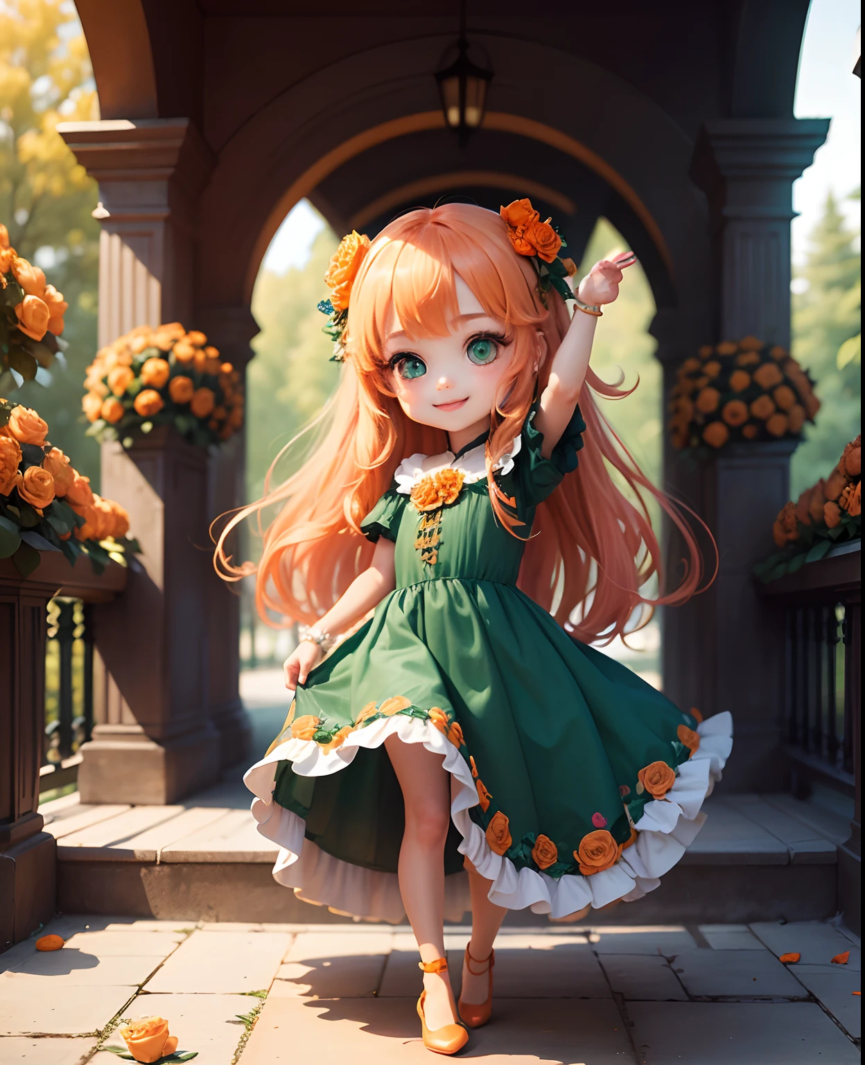 masterpiece、top-quality、ultra-detailliert、(Chibi Chara's Daughter:1.2)、Long orange hair swaying in the wind、Green eyes、(木🌲の帽子:1.2)、Long dress with orange ruffles and luxurious embellishments of peplum、Orange Pumps、Standing、A smile、Background with (Arch of orange roses:1.3)