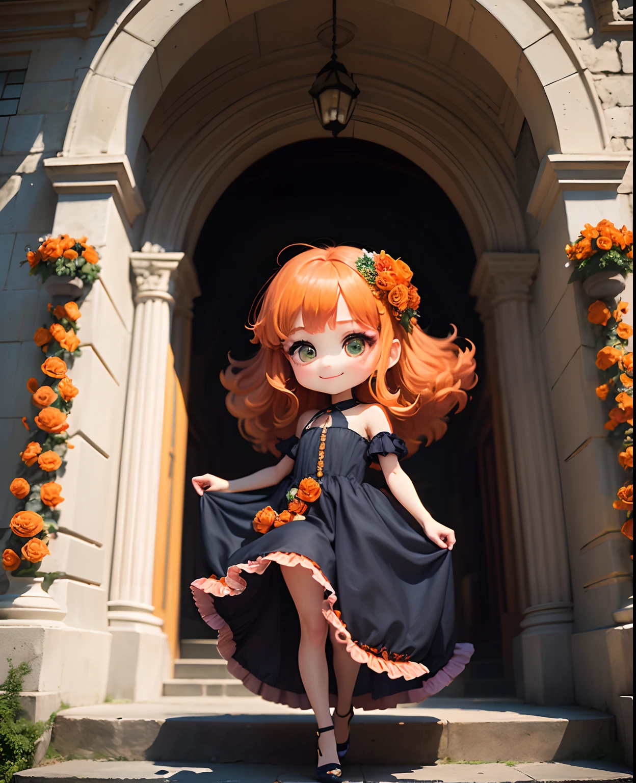 masterpiece、top-quality、ultra-detailliert、(Chibi Chara's Daughter:1.2)、Long orange hair swaying in the wind、Green eyes、(木🌲の帽子:1.2)、Long dress with orange ruffles and luxurious embellishments of peplum、Orange Pumps、Standing、A smile、Background with (Arch of orange roses:1.3)